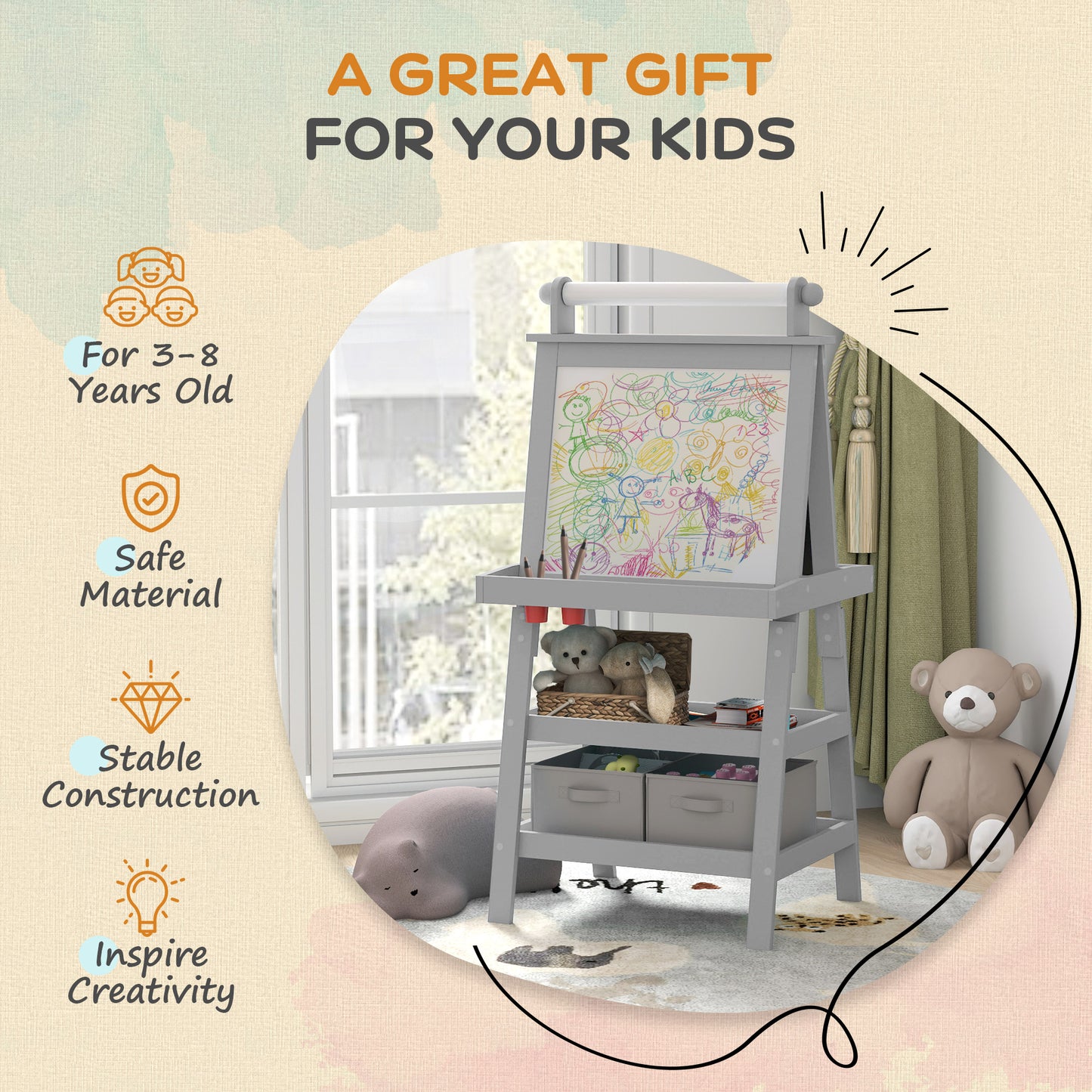 3 in 1 Kids Easel Double-Sided Magnetic Whiteboard and Chalkboard