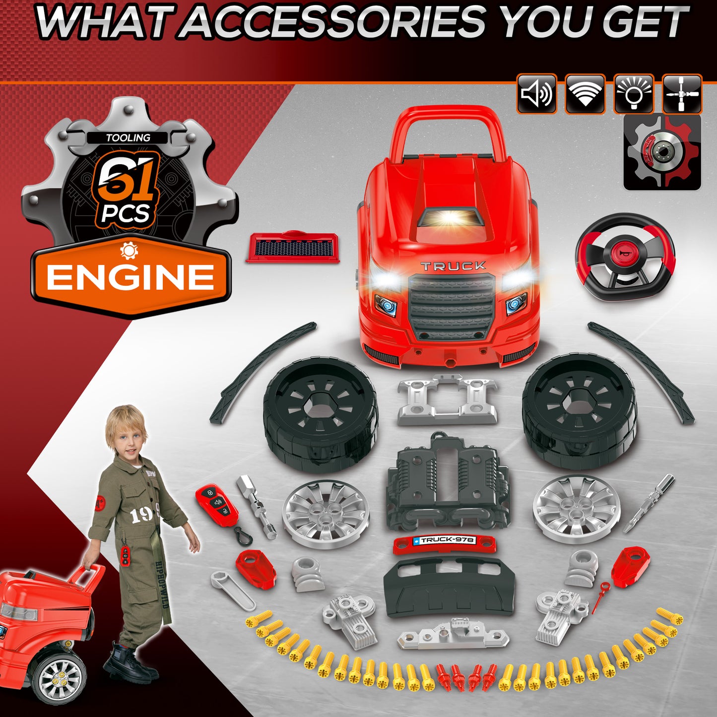 Kids Truck Engine Toy Set, Toddler Educational Car Service Station