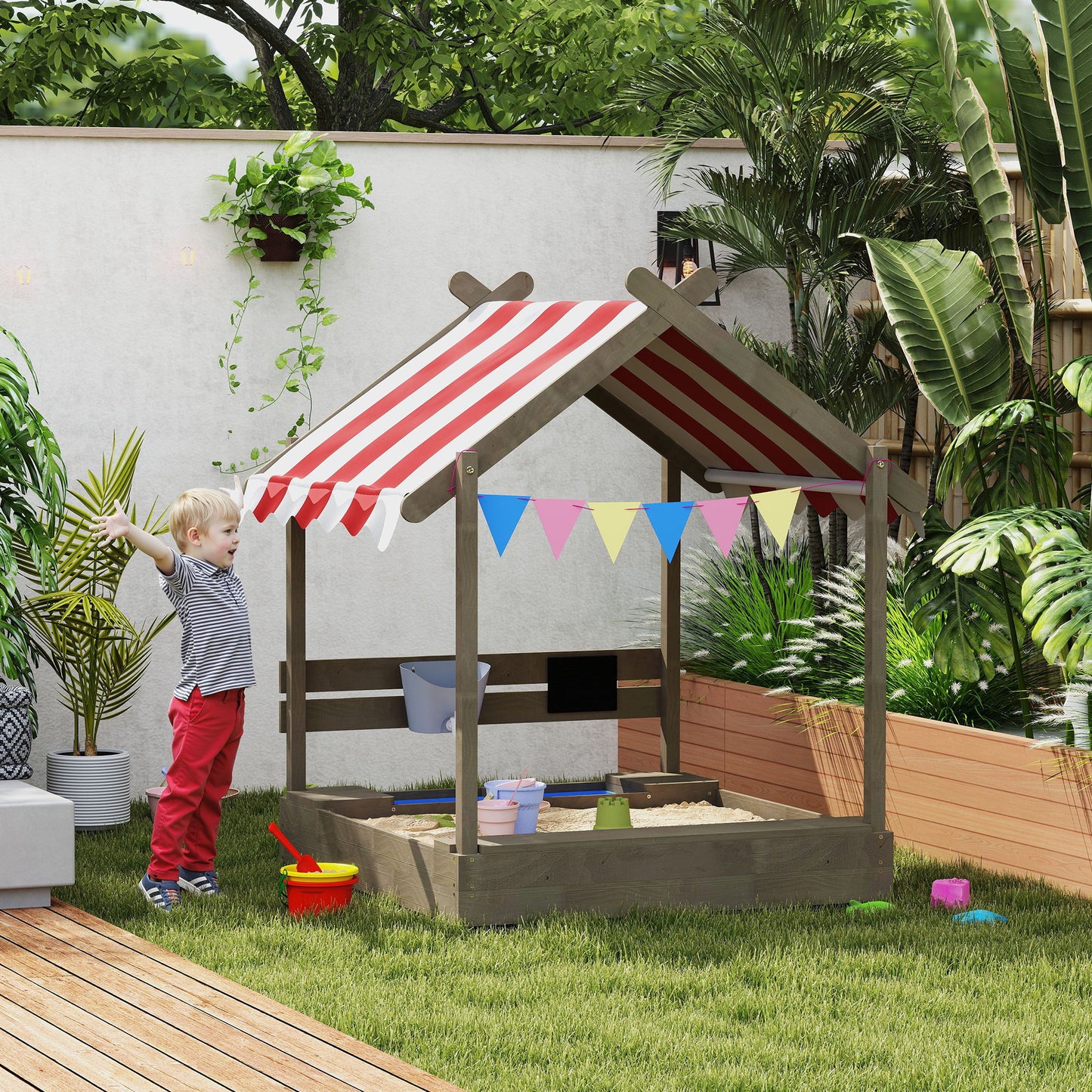House-Designed Wooden Sandbox, Outdoor Sandpit, with Blackboard