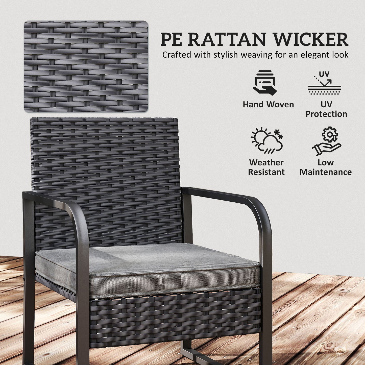 Rattan Bistro Set, 3 Piece Garden Furniture Set with Cushions