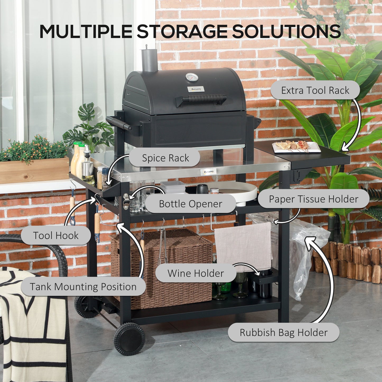 Multi-Feature BBQ Grill Table, with Stainless Steel Top