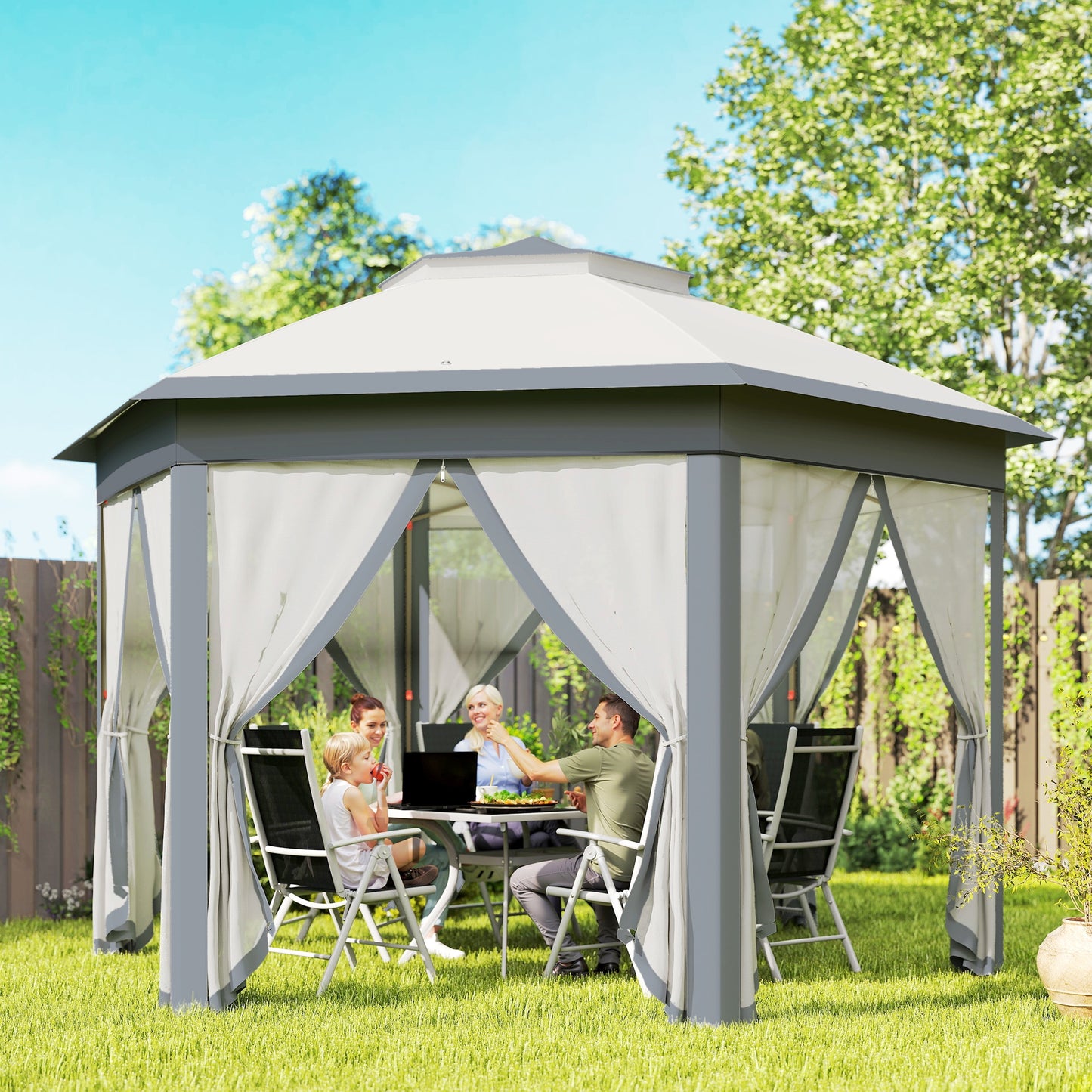 3 x 4m Metal Frame Hexagon Gazebo, with Curtains
