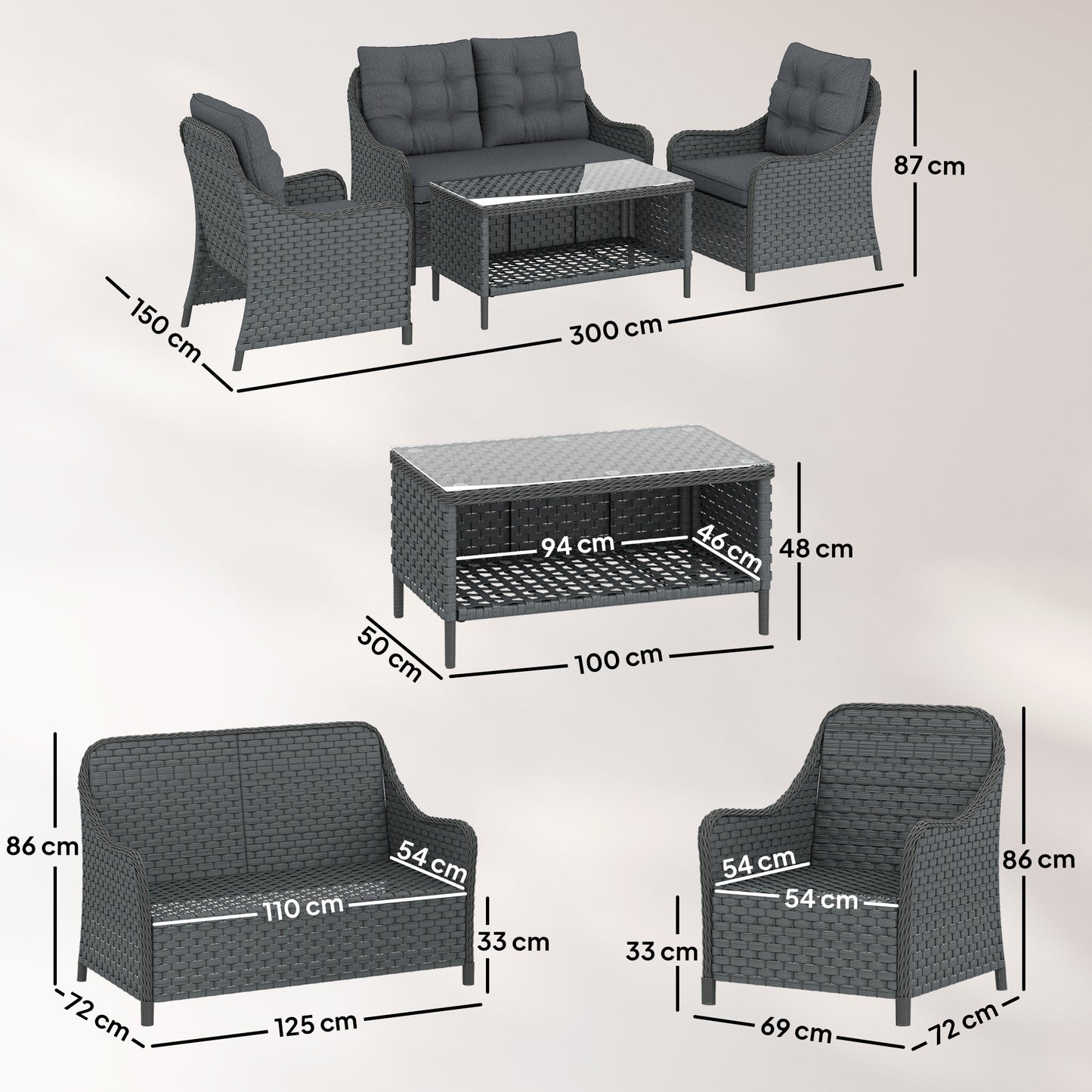4-Piece Wicker Patio Furniture Set with 2 Armchairs, Loveseat
