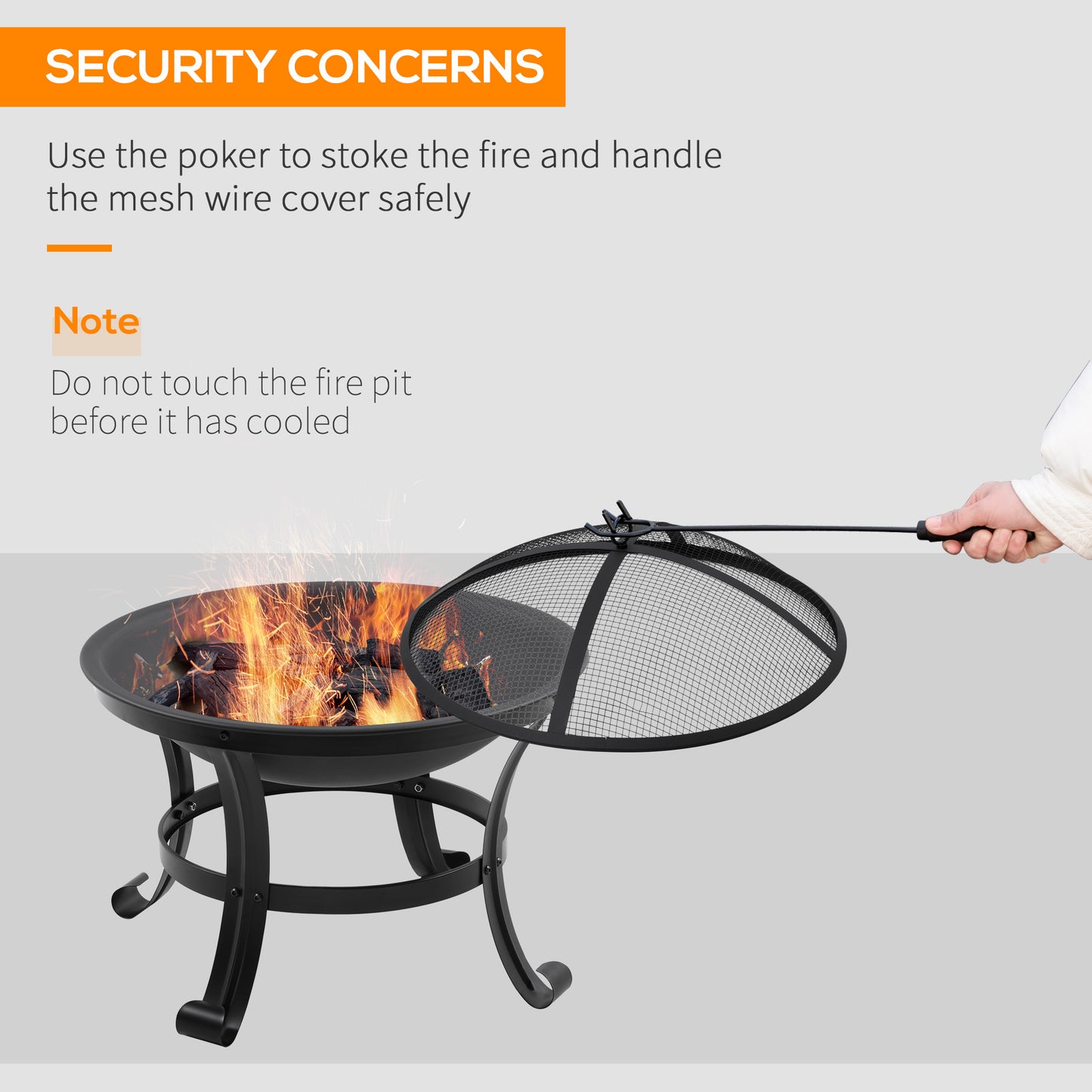 Outdoor Fire Pit, Firepit with Mesh Lid, Poker, for Camping, Bonfire