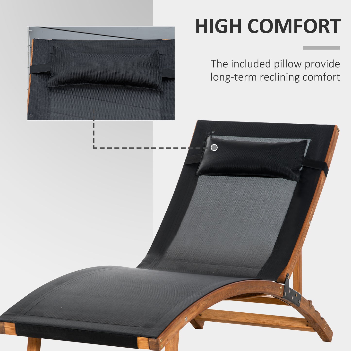 Ergonomic Patio Lounge Chair Wooden Outdoor Chaise w/ 3 Adjustable