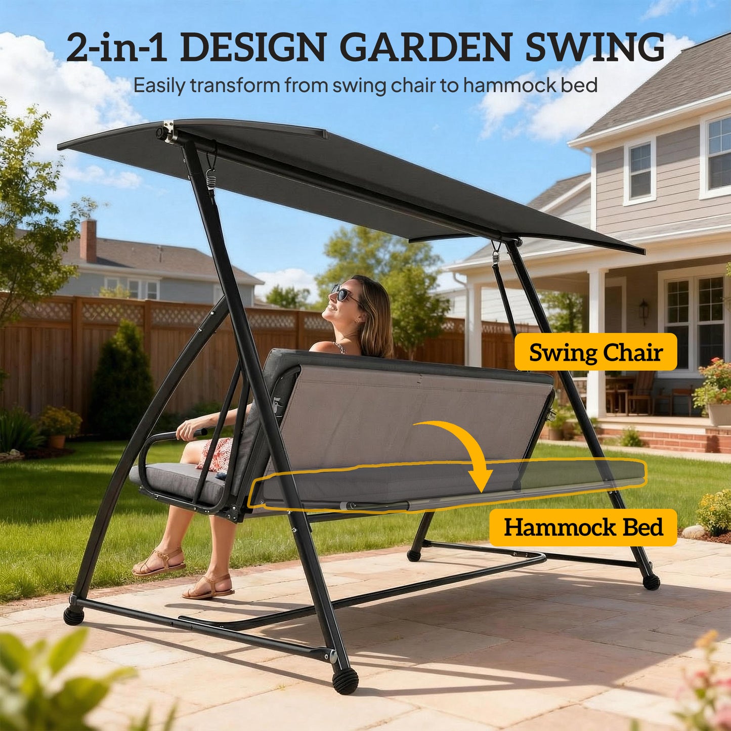 Outdoor 2-in-1 Swing Chair Lounger 3 Seater Garden Swing Seat Bed