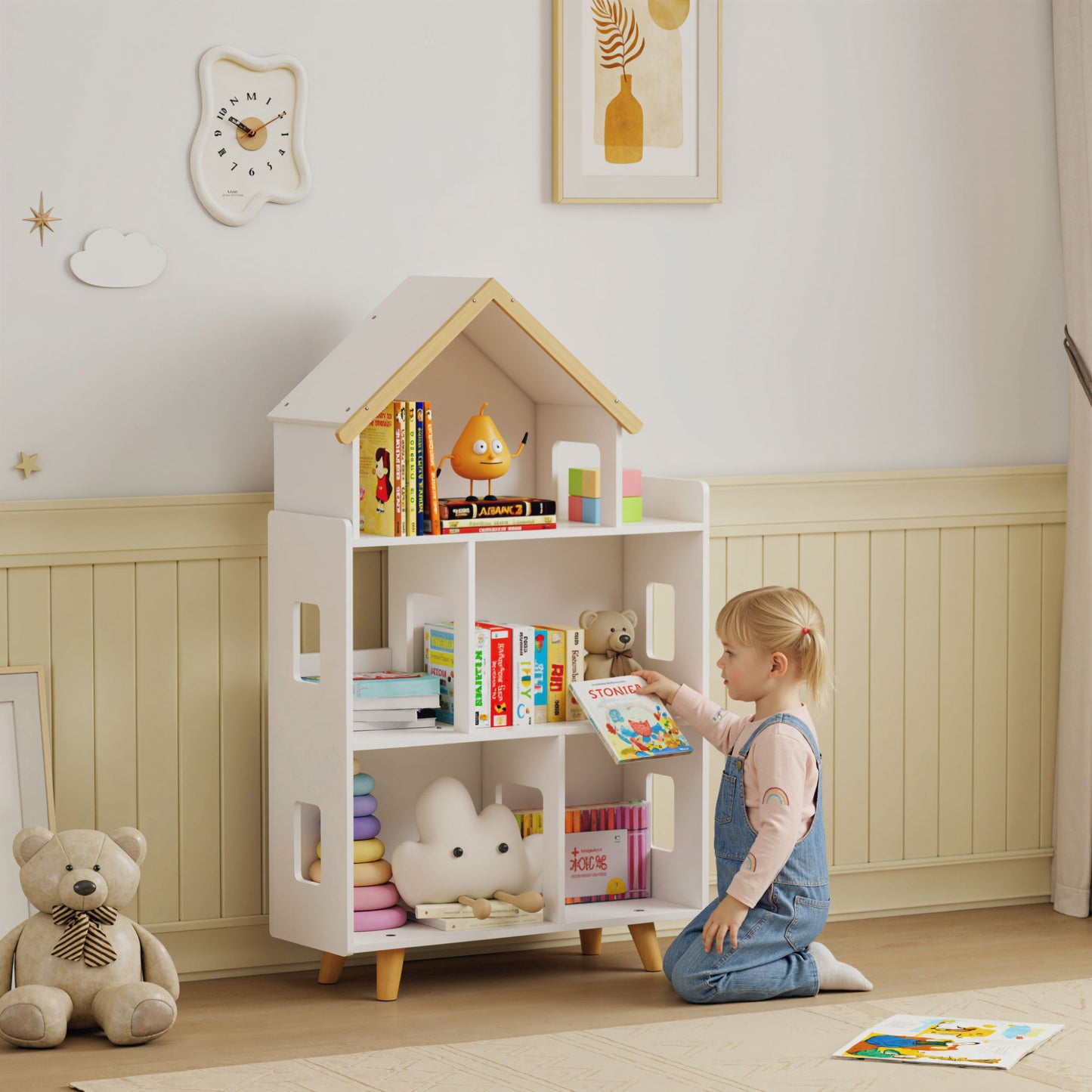 Three-Tier Toy Storage Shelf, Kids Bookcase, with Six Cubes