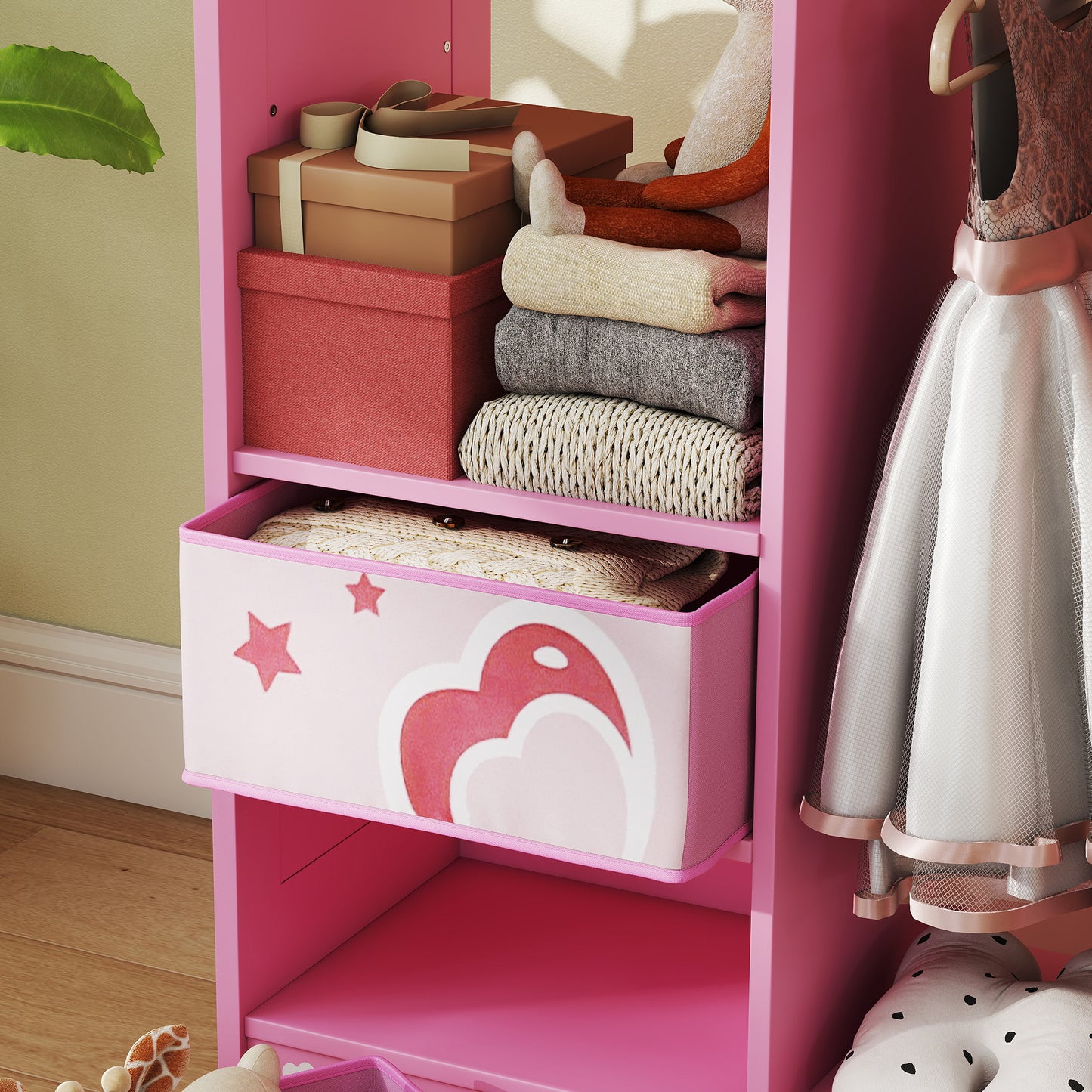 Kids Clothes Rail, Kids Wardrobe with Mirror, Shelves