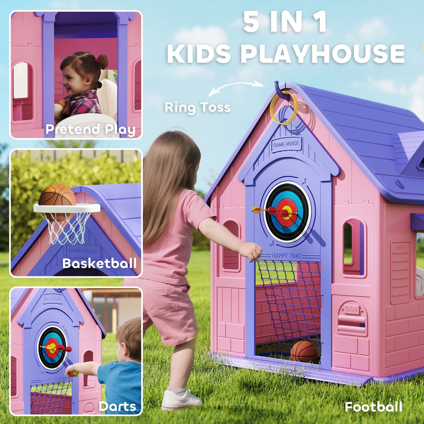 5-in-1 Playhouse for Kids Outdoor Indoor with Basketball Hoop