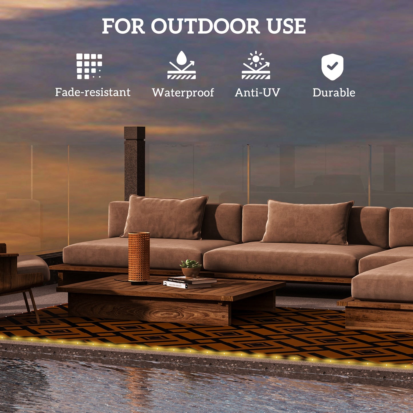 Plastic Straw Reversible RV Outdoor Rug with LED String Light