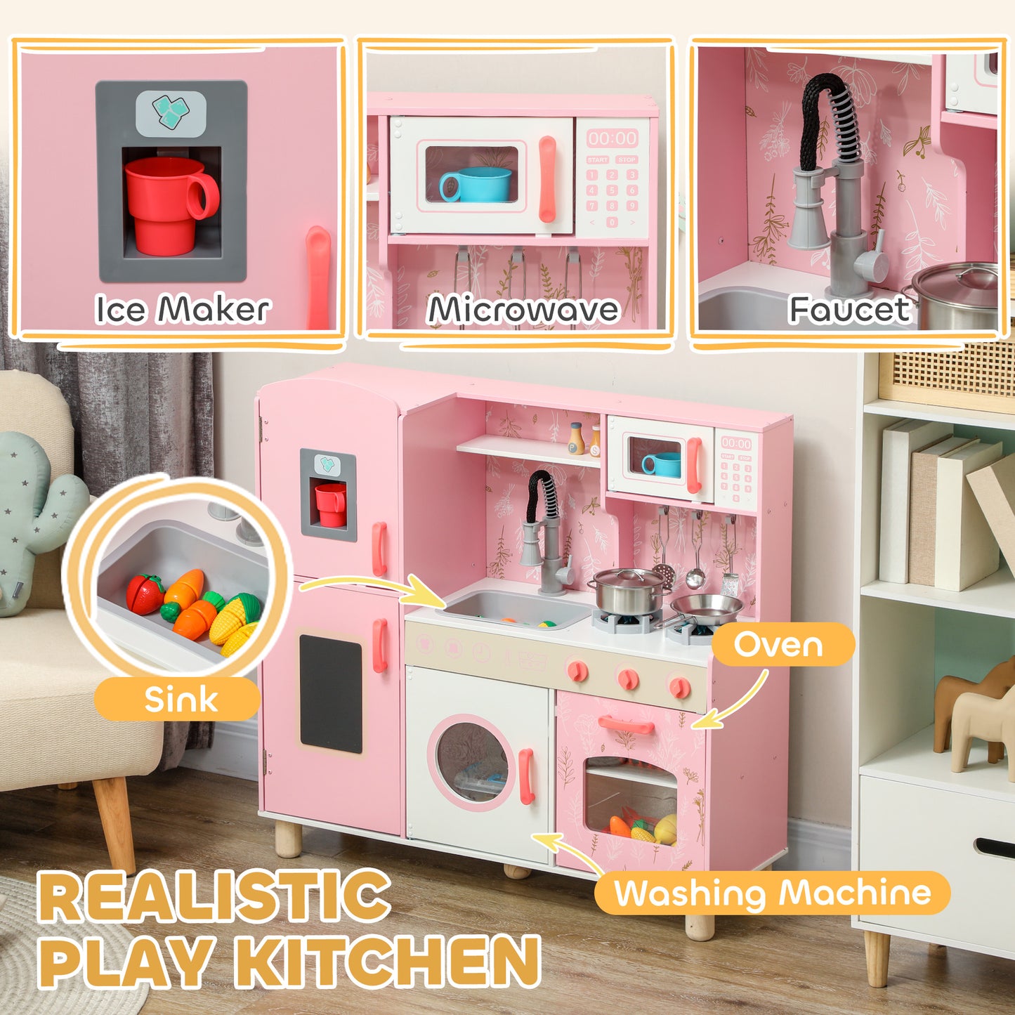 Play Kitchen, Kids Kitchen Set with Lights and Sounds, Double Stoves