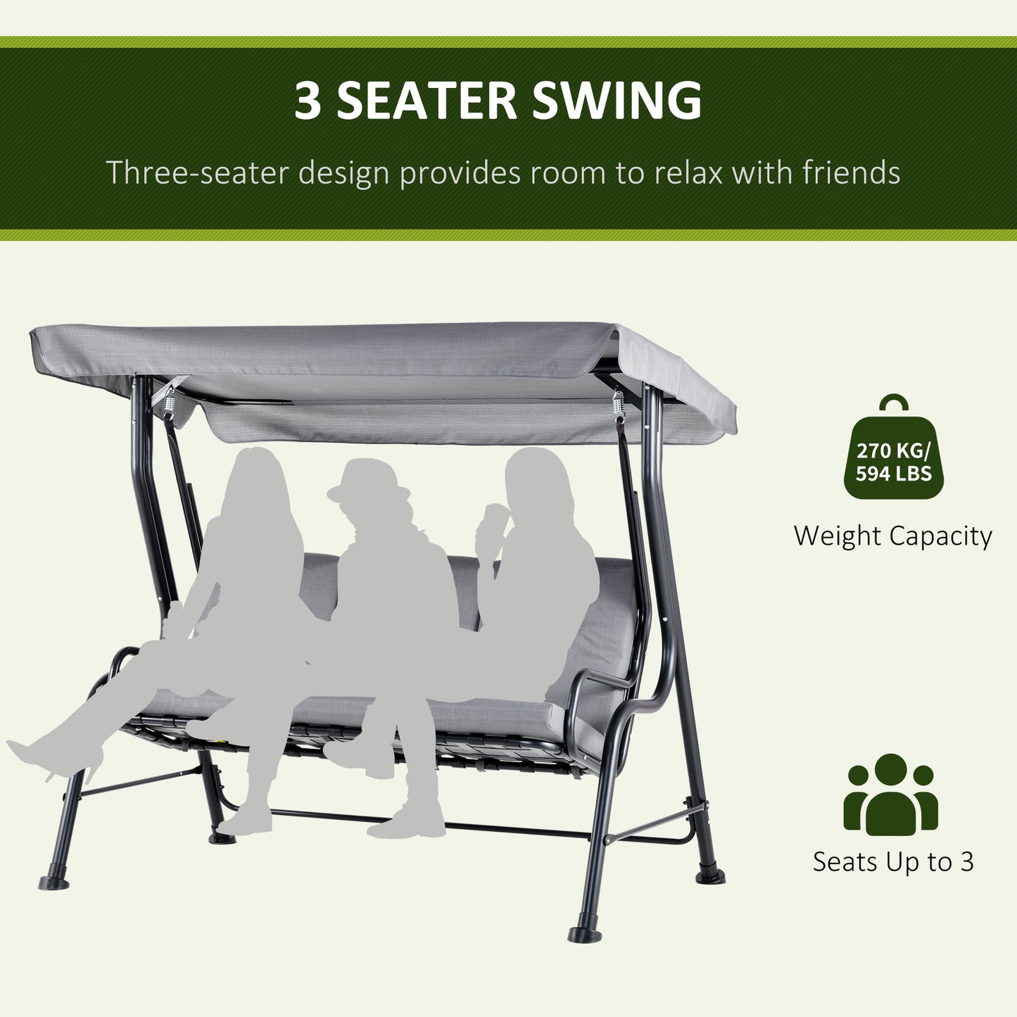 Outdoor 3-person Metal Porch Swing Chair Bench