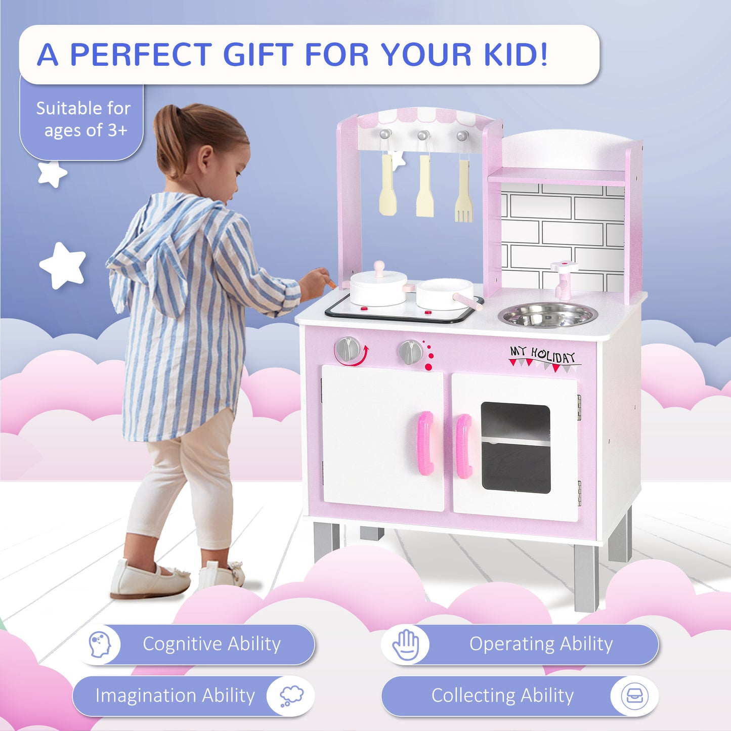 Kids Pretend Kitchen Playset w/ Cooking Toy Accessories