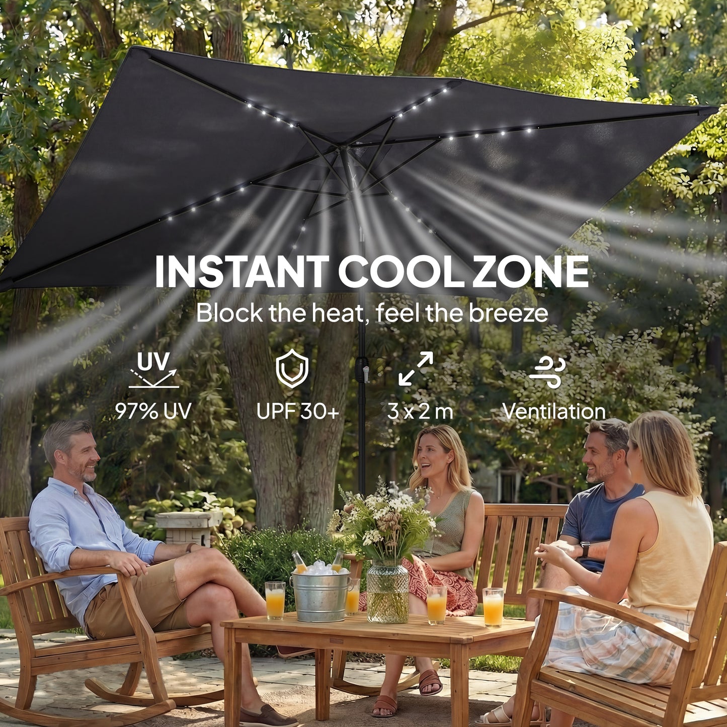 3 x 2 m Garden Parasol Umbrella with LED Solar Light, Parasol Cover