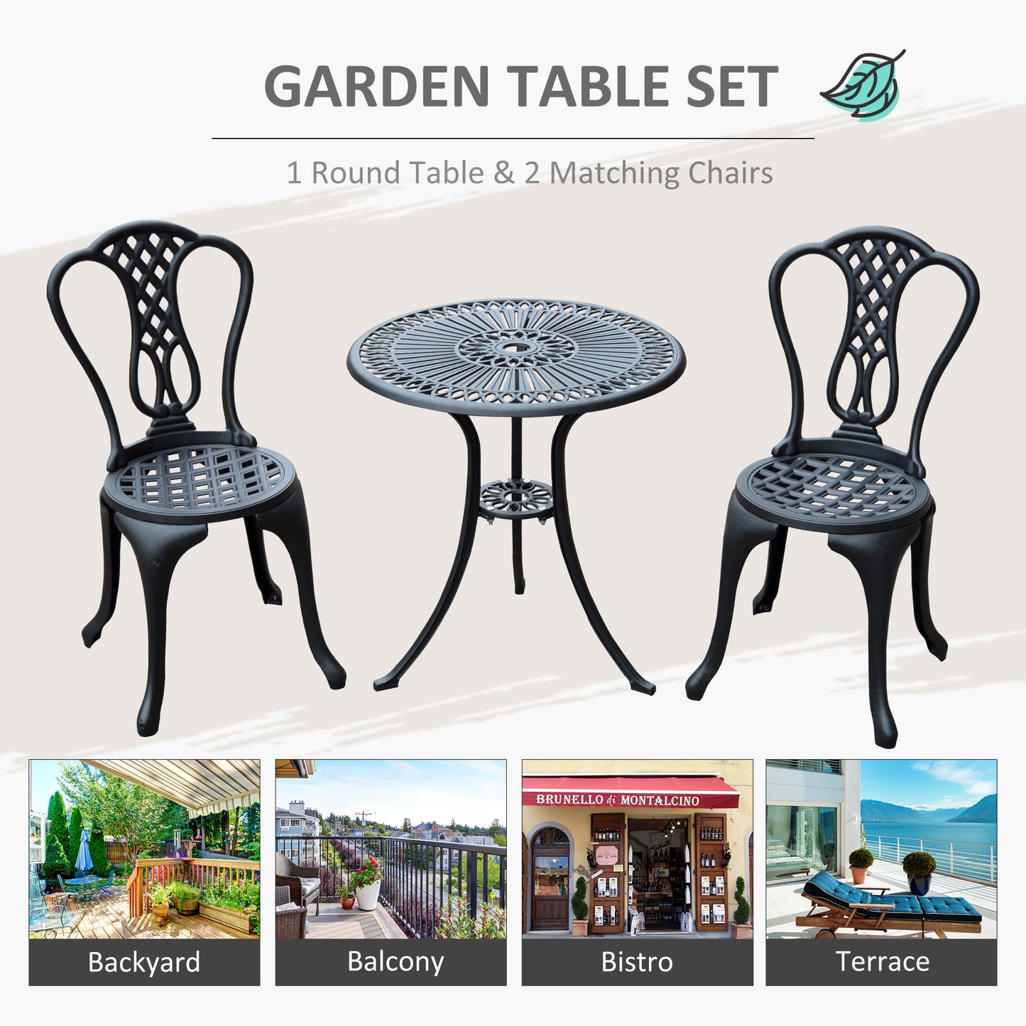 3 Piece Patio Cast Aluminium Bistro Set Garden Outdoor Furniture
