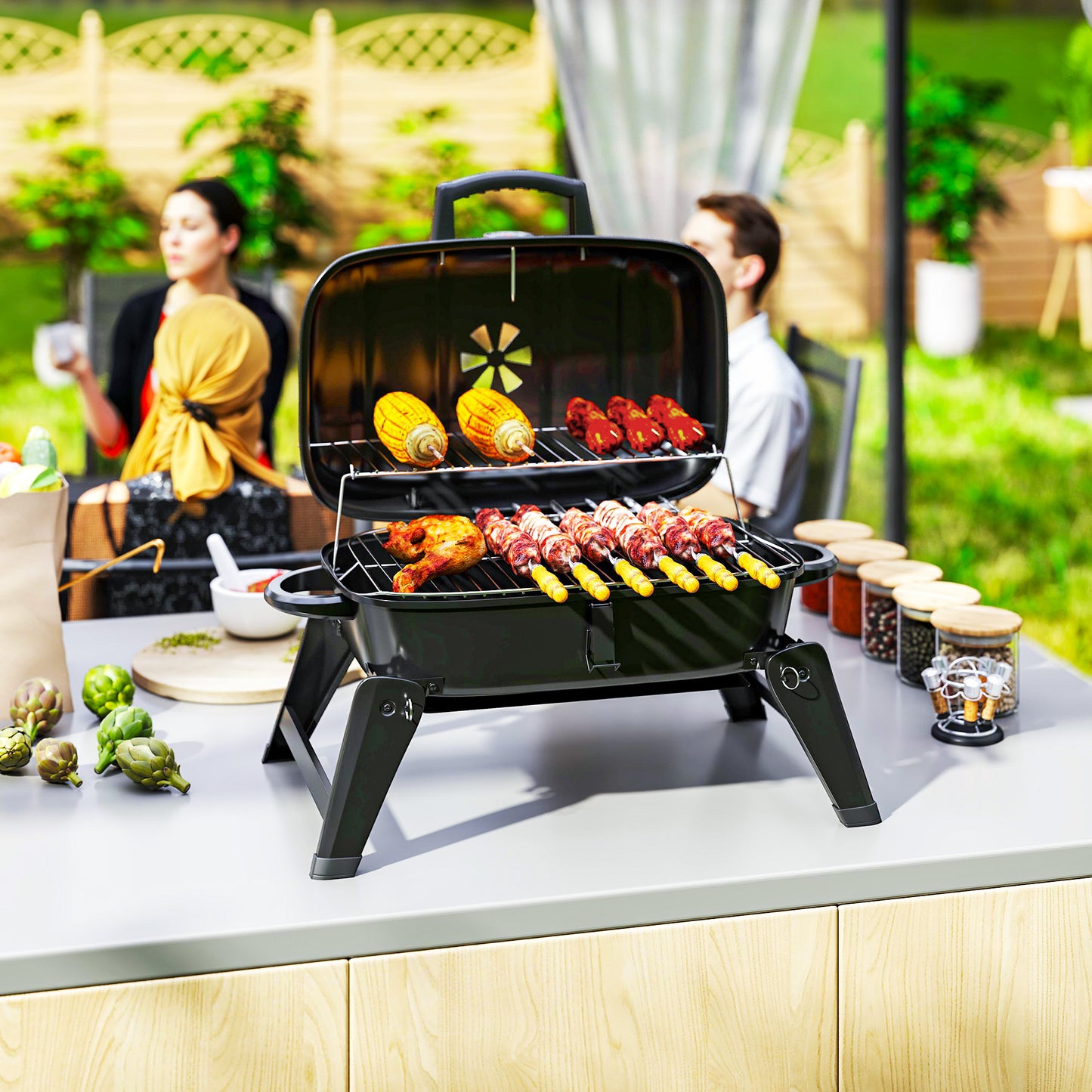 Charcoal Barbecue Grill Folding BBQ Grill with 1232 cm² Cooking Area