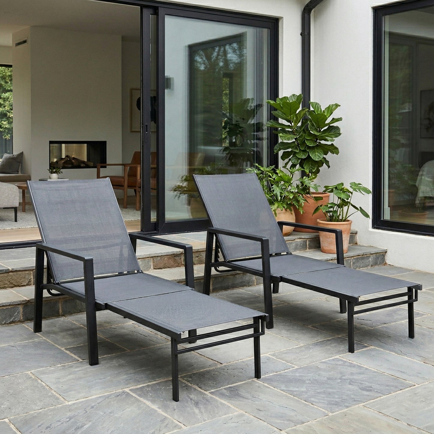 Sun Loungers Set of 2 Retractable Footrest 5-Position Adjustable