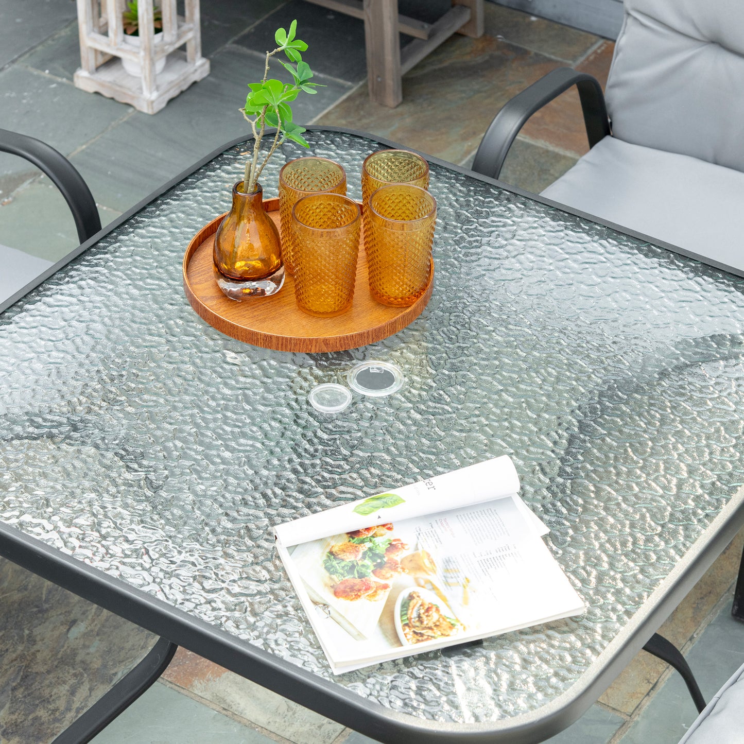 5 Pieces Outdoor Square Garden Dining Set w/ Tempered Glass Dining