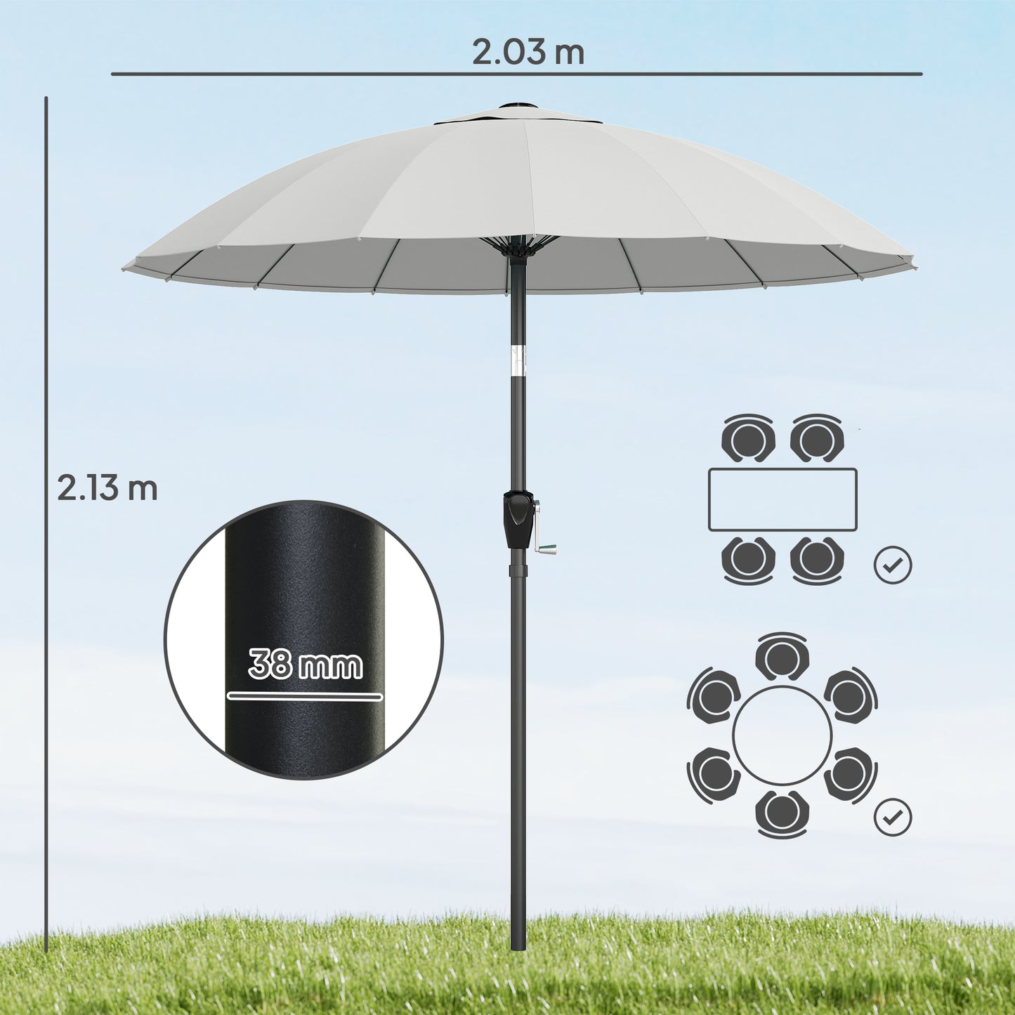 2 m Shanghai Garden Parasol Umbrella with 16 Fibreglass Ribs