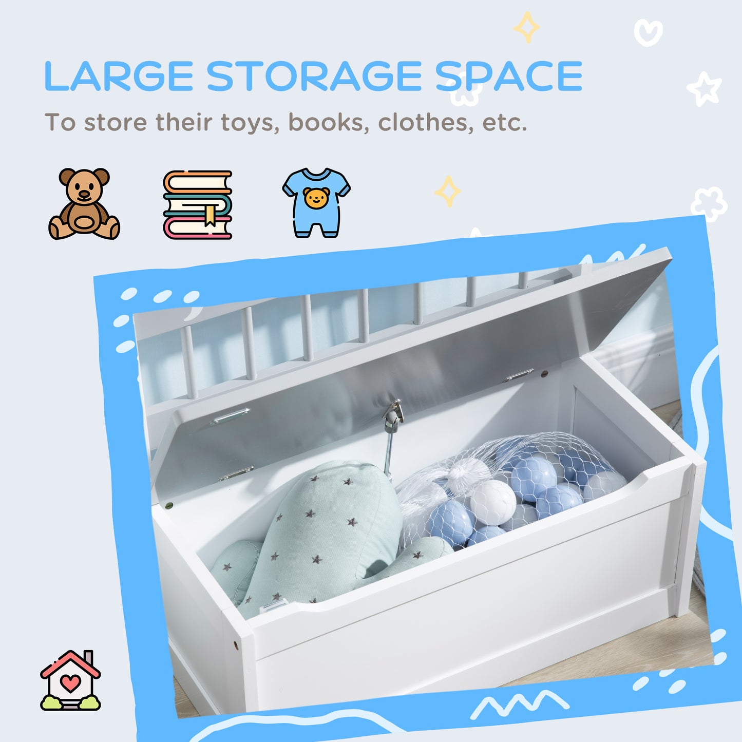 2 In 1 Kids Storage Bench, Toy Box w/ Safety Rod