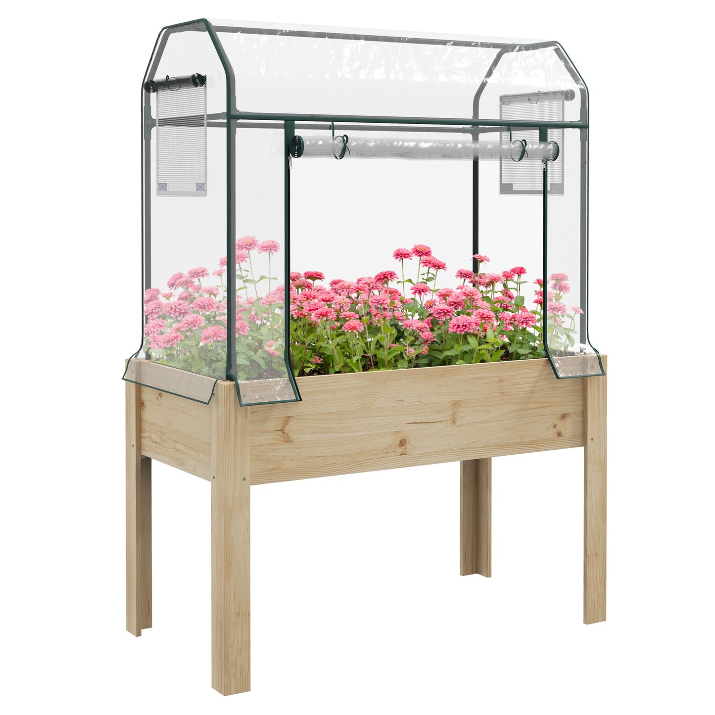 Wooden Planter Box with Greenhouse Cover and Bed Liner