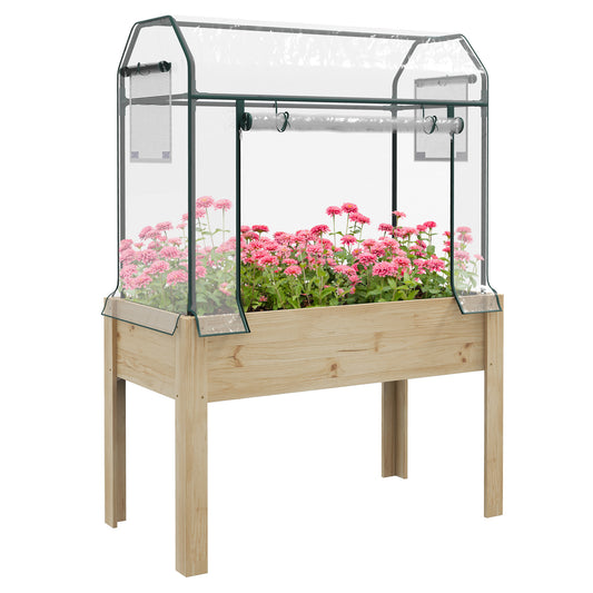 Wooden Planter Box with Greenhouse Cover and Bed Liner