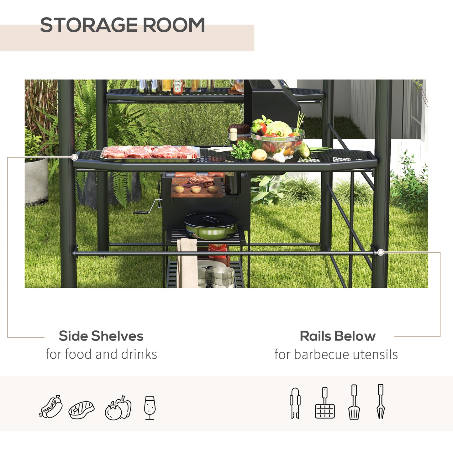 2.4 x 1.5m Outdoor Grill Gazebo with Side Shelves, PC Board Roof