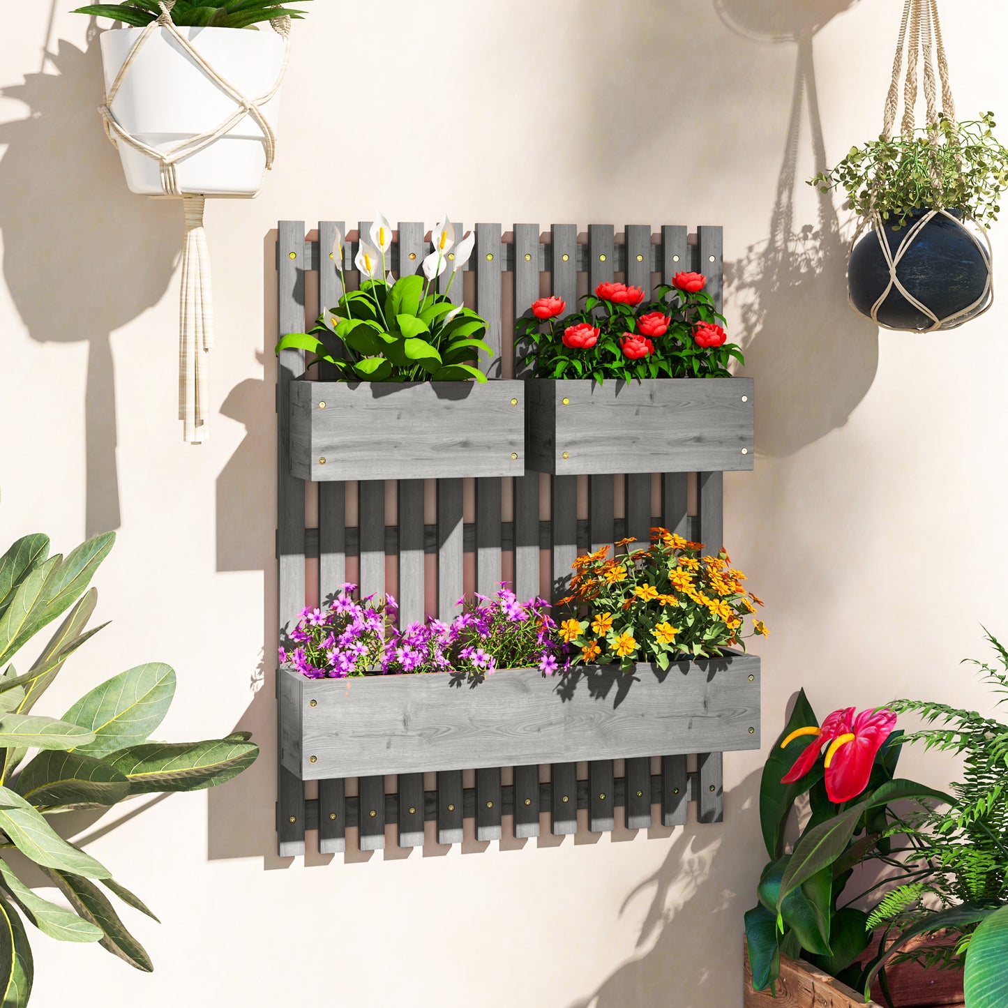 Wall-mounted Wooden Garden Planters with Trellis