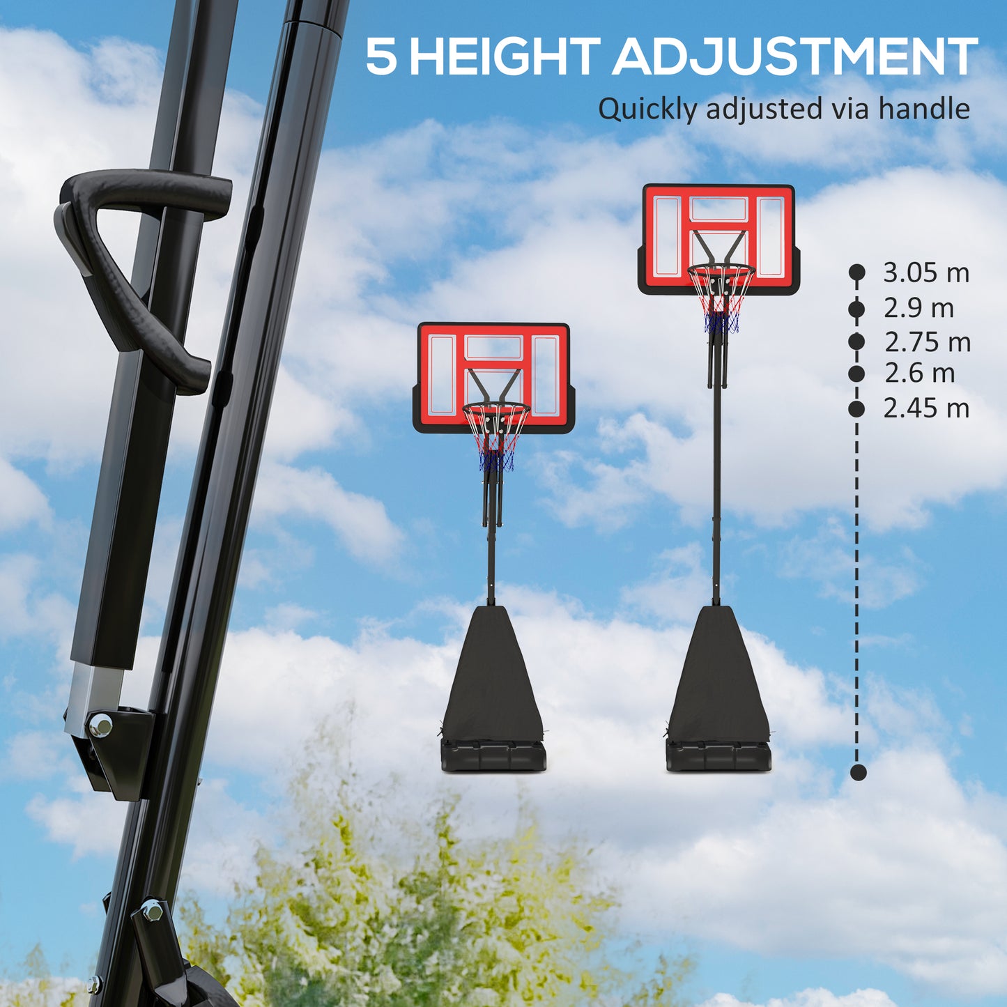 245-305cm Adjustable Basketball Hoop and Stand, with Wheels
