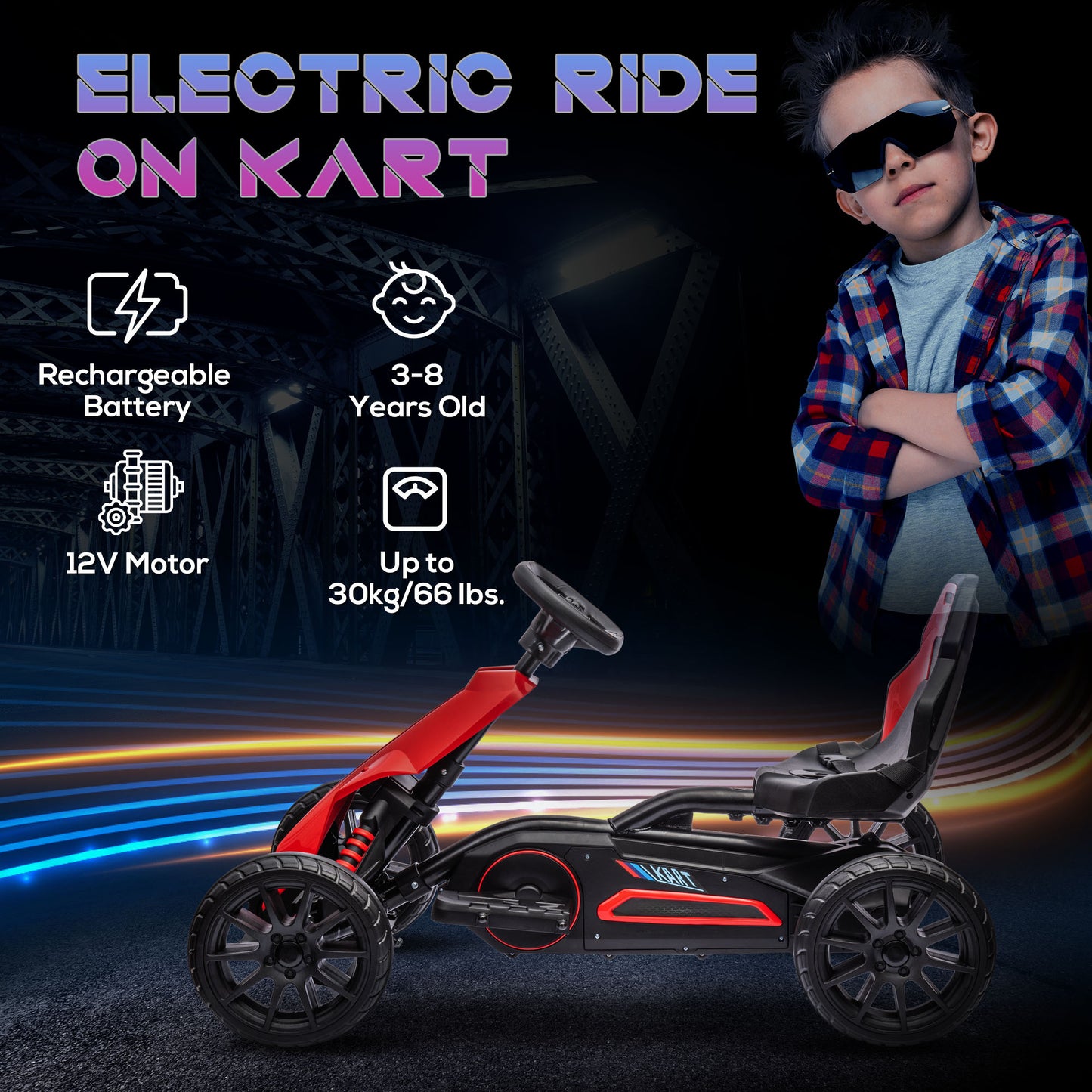 12V Electric Go-Kart for Kids, Ride-On Racing Go-Kart