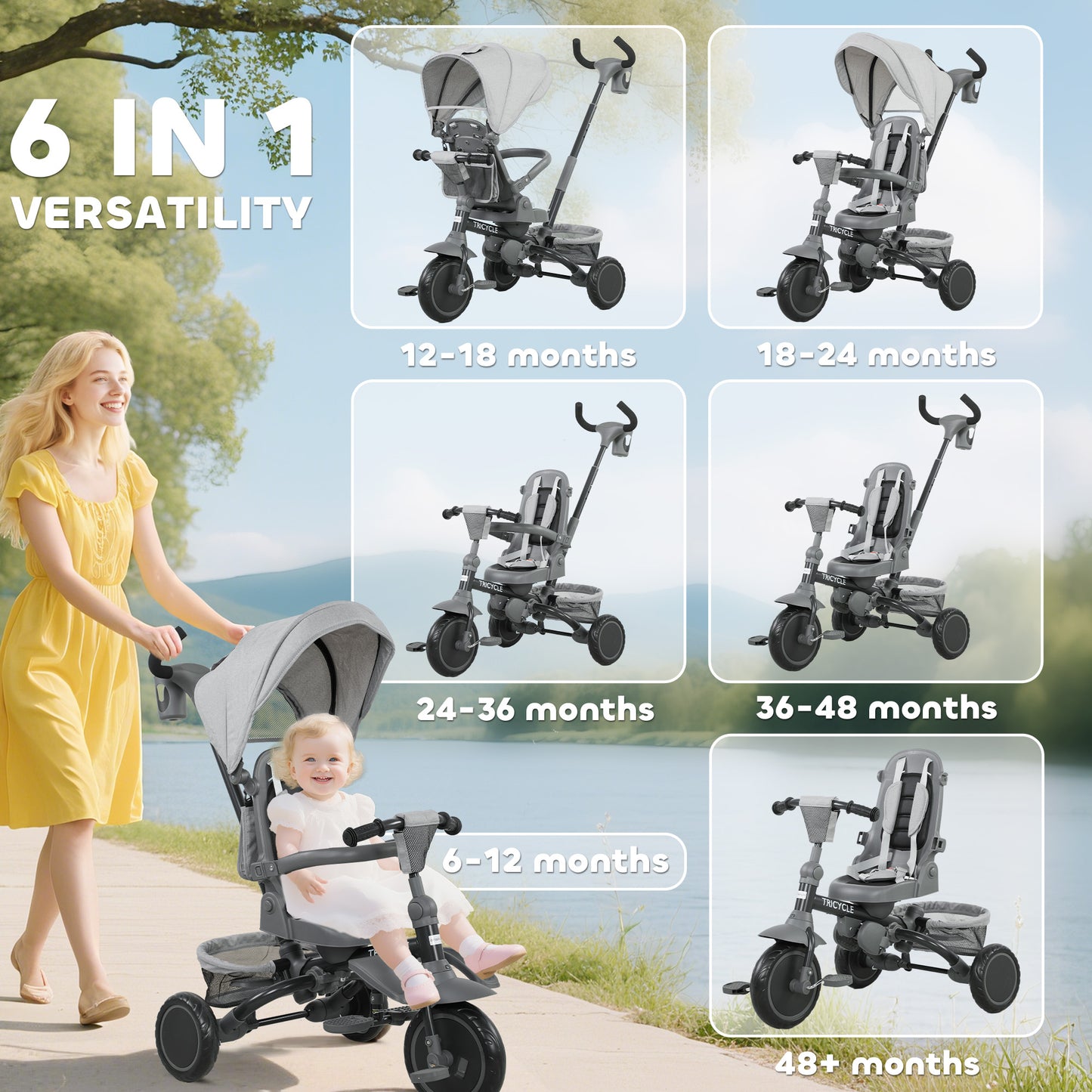 6 in 1 Foldable Kids Trike with Adjustable Parent Handle & Canopy