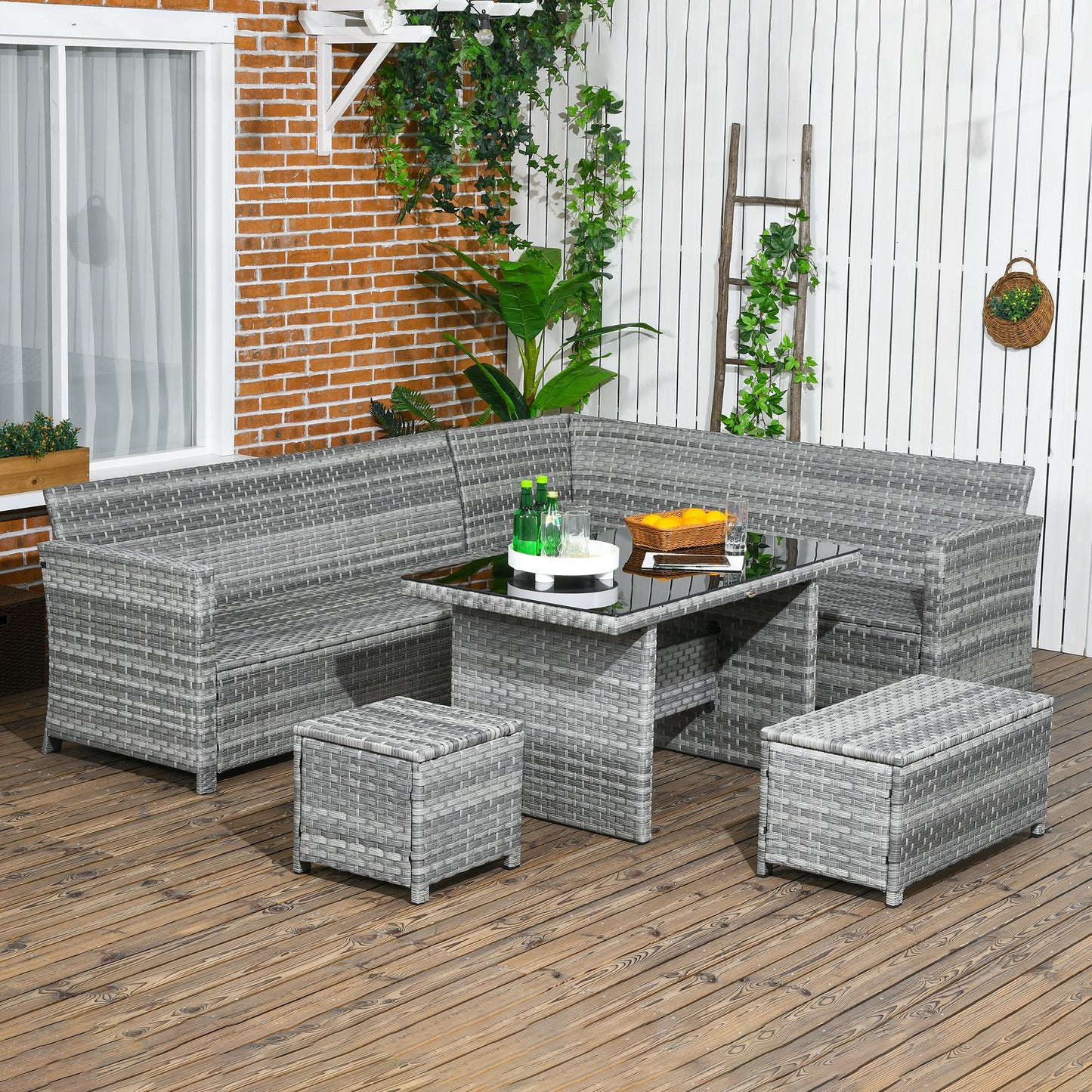 5-Piece Rattan Patio Furniture Set with Corner Sofa, Footstools (1)