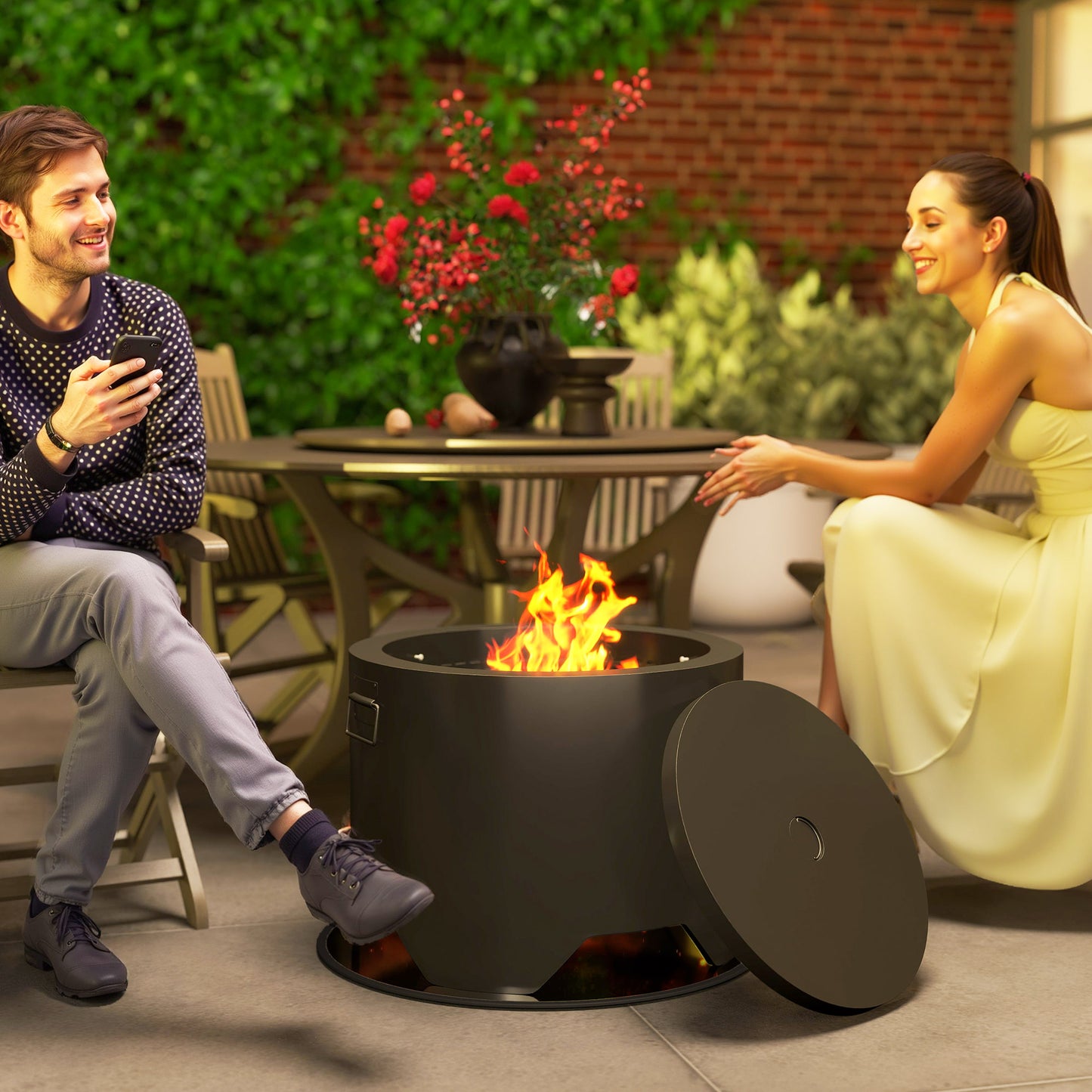 Outdoor Round Fire Pit with Lid and Fire Poker