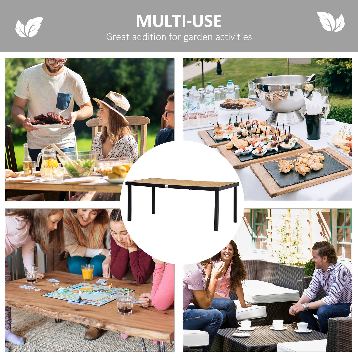 Aluminium Outdoor Garden Dining Table for 8 People, Faux Wood Top