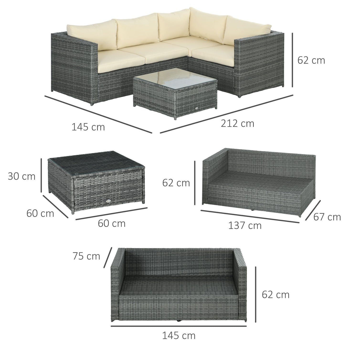 3 Pieces PE Rattan Garden Furniture Set with 10 cm Thick Cushions