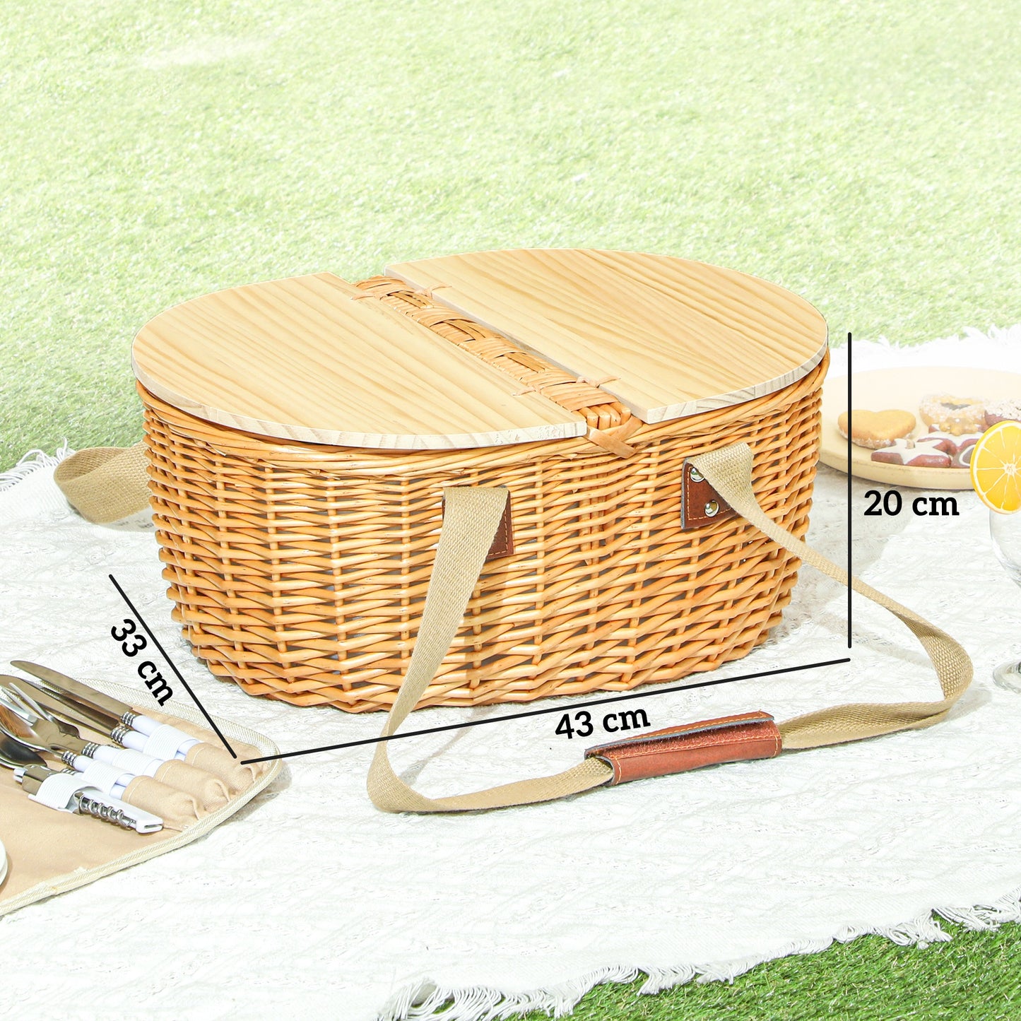 Wicker Picnic Basket for 2 with Pine Wood Lid