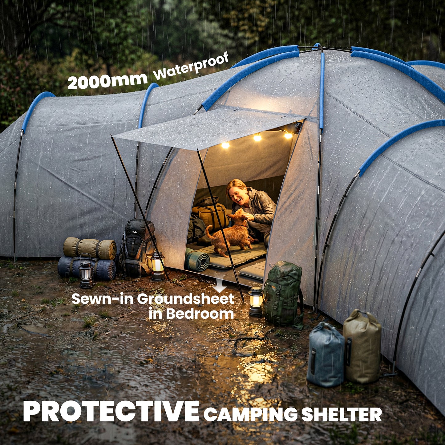 6-9 Man Large Tunnel Tent with 3 Bedrooms, Living Area and Porch