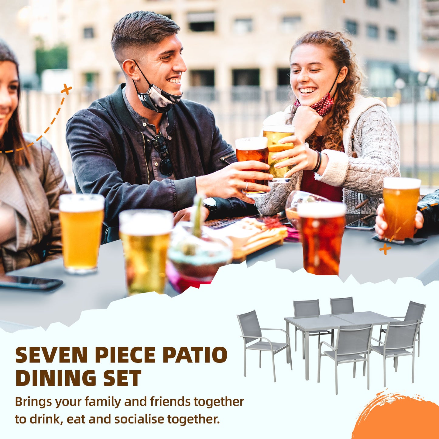 7 Piece Garden Dining Set, Outdoor Table and 6 Stackable Chairs