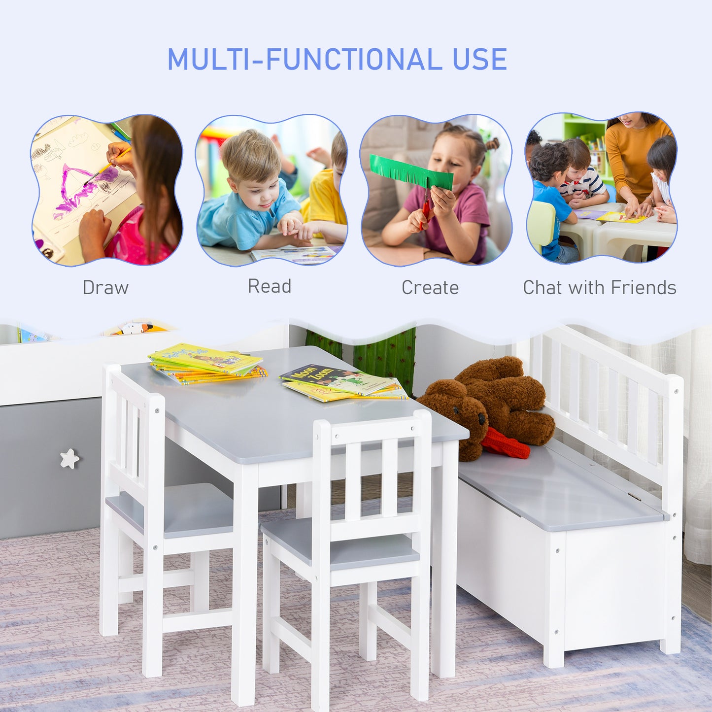 4-Piece Kids Table and Chair Set with 2 Wooden Chairs