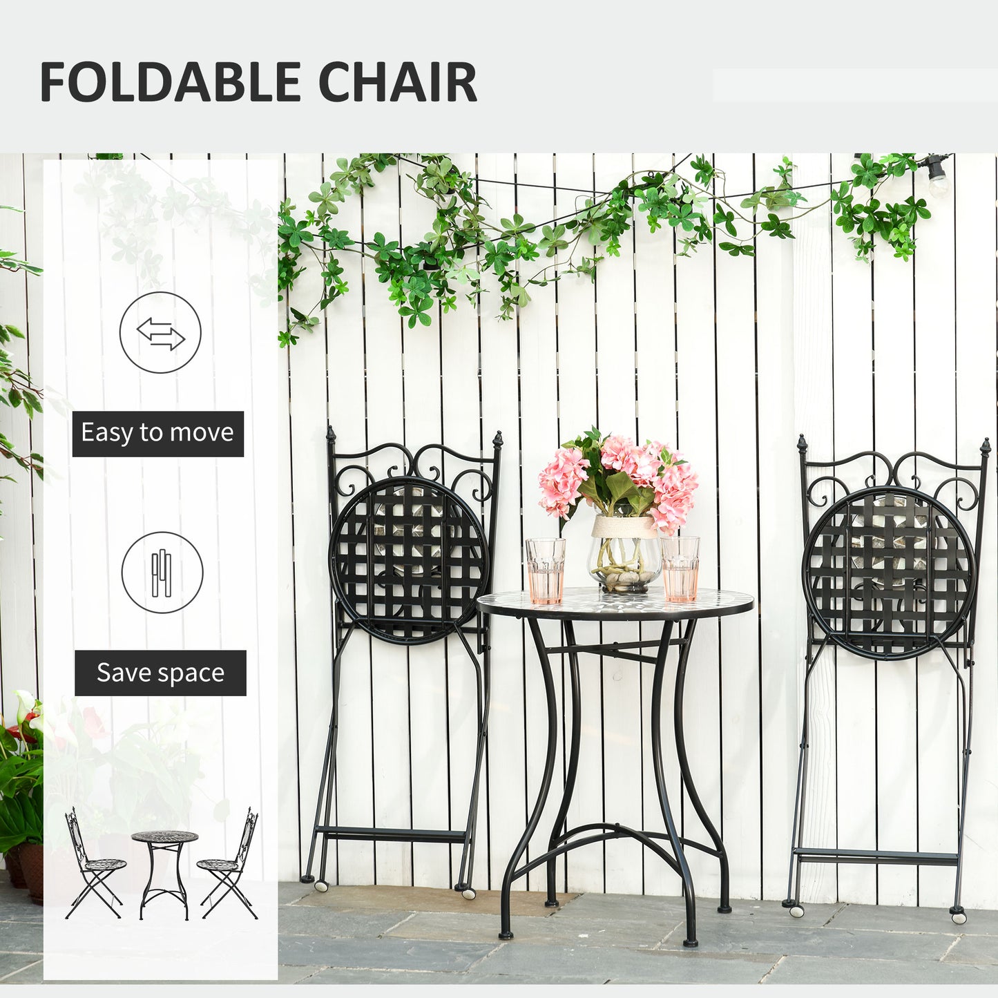 3 Pcs Mosaic Tile Garden Bistro Set Outdoor Seating w/ Table 2