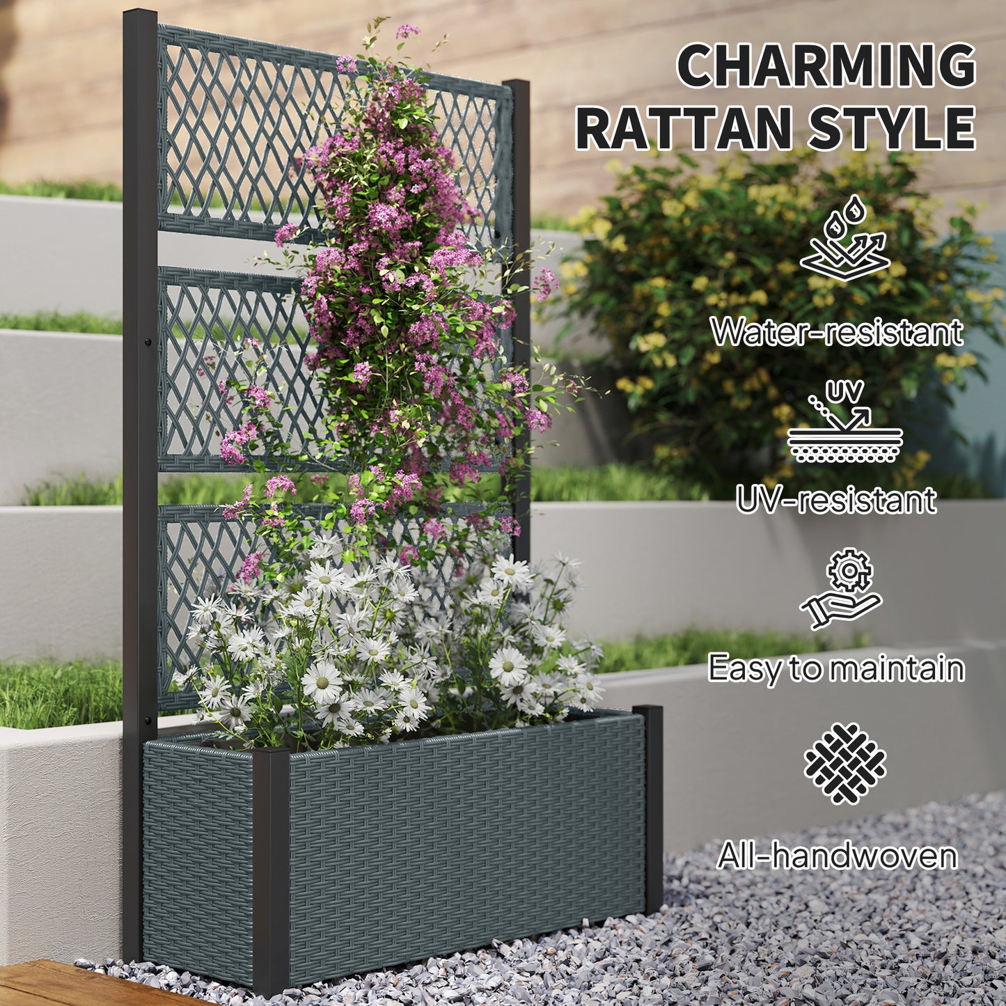 Garden Planter Box with Trellis, Liner for Climbing Plants (1)
