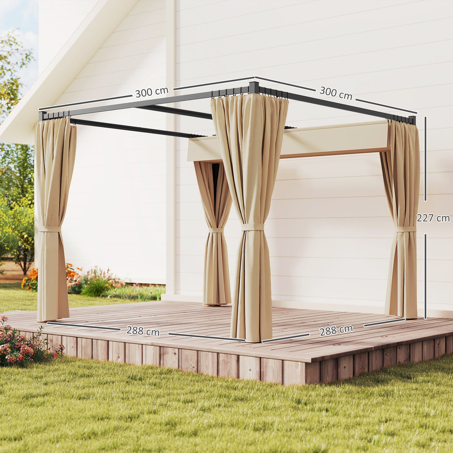 3 x 3(m) Retractable Pergola, Garden Gazebo Shelter with Curtains