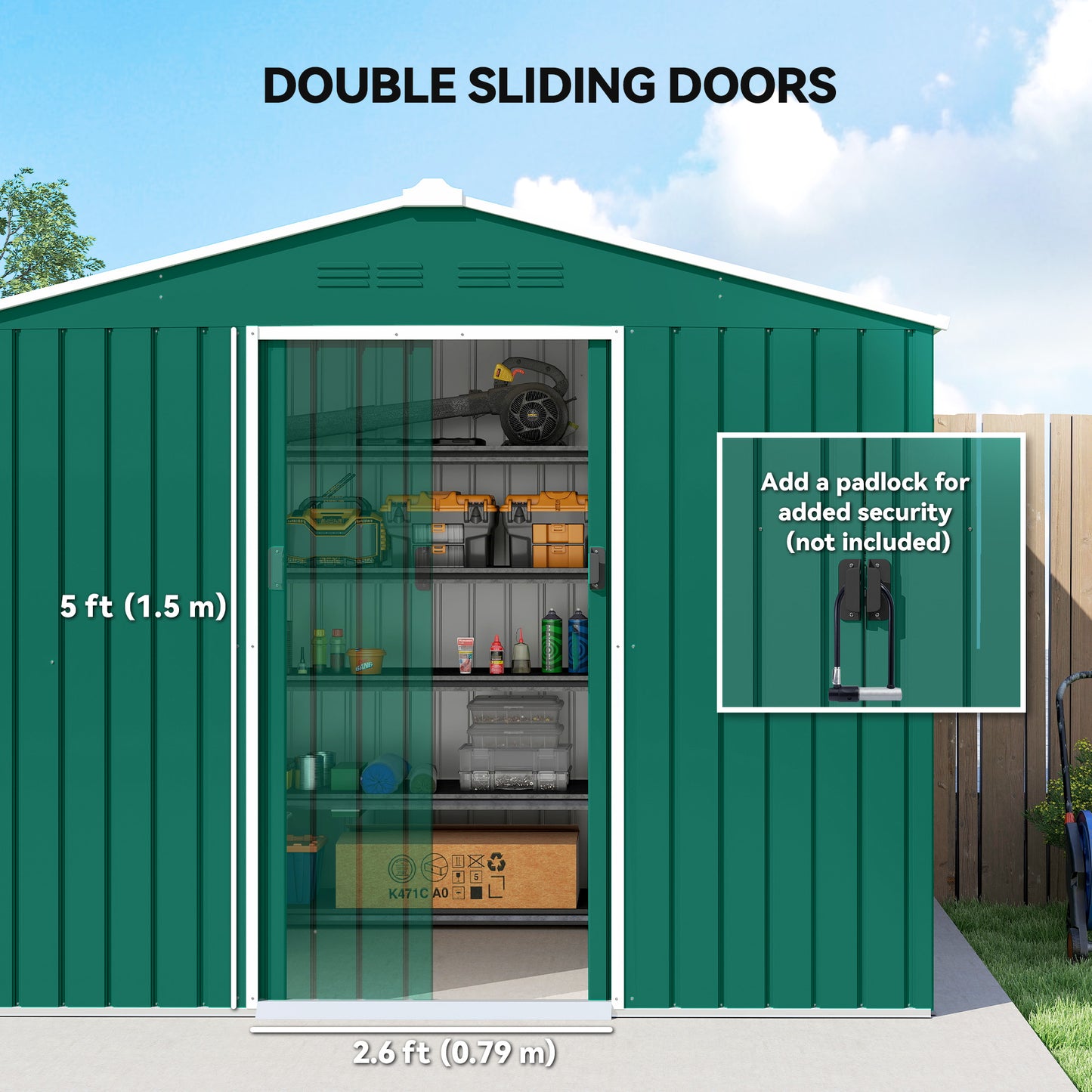 8 x 6ft Galvanised Steel Shed, with Double Door