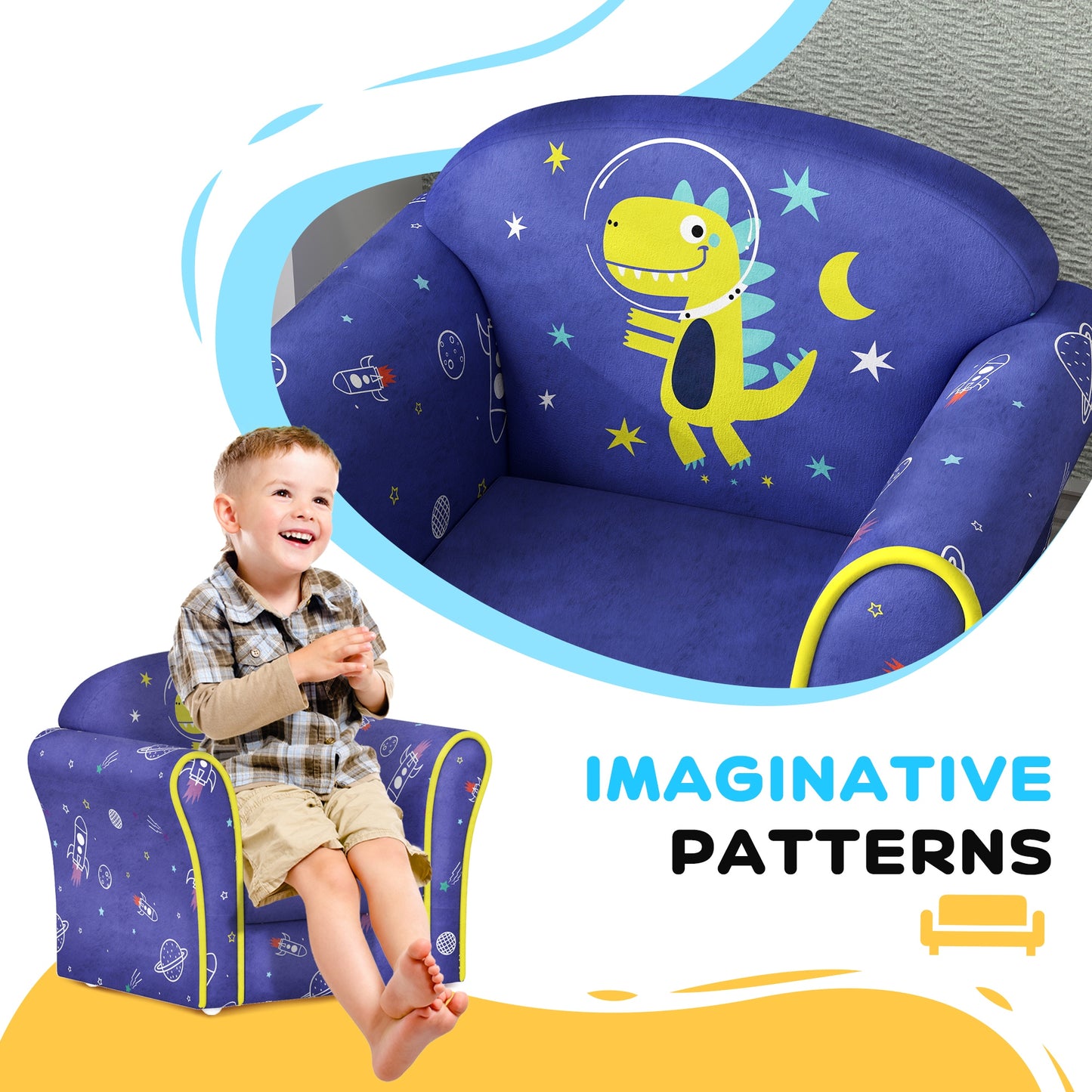 Kids Armchair with Planet Dinosaurs Design, Wooden Frame