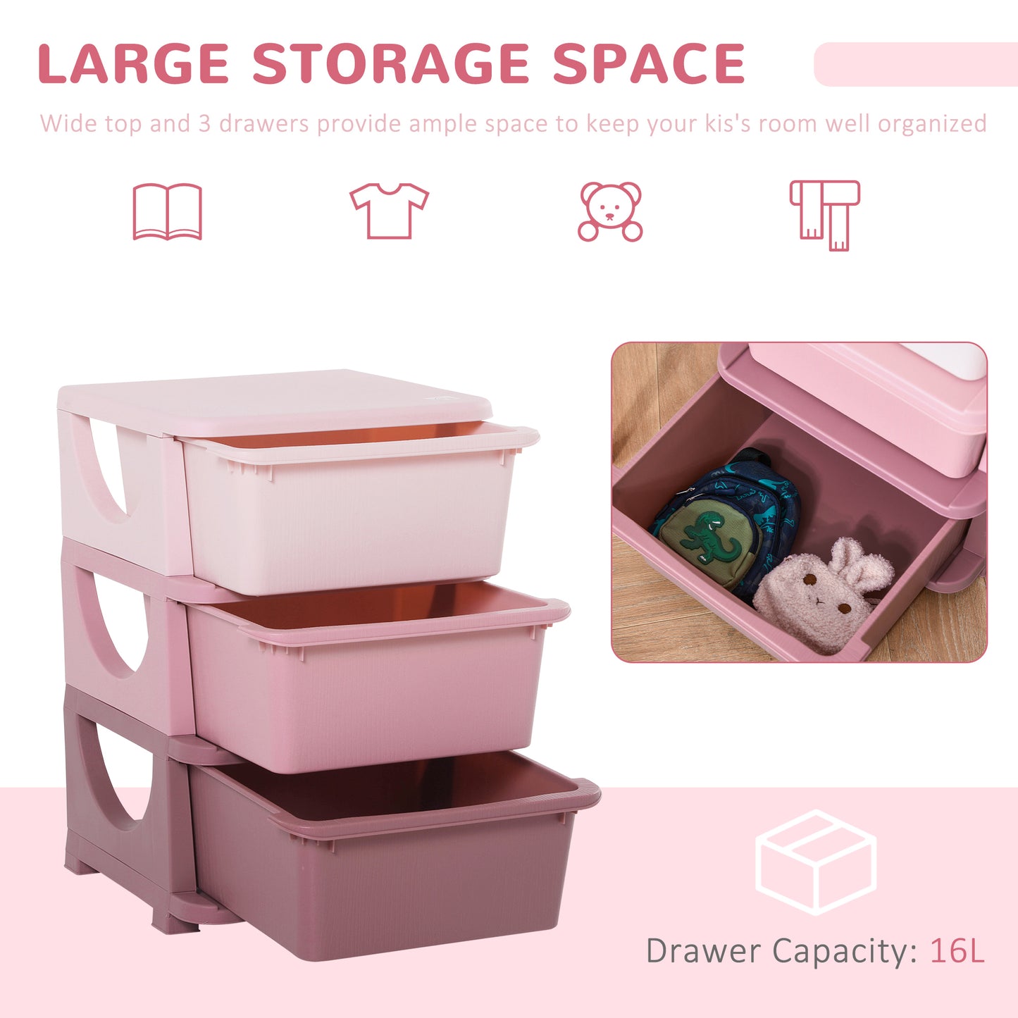 3 Drawers Plastic Storage Units, 3 Tier Kids Storage Units
