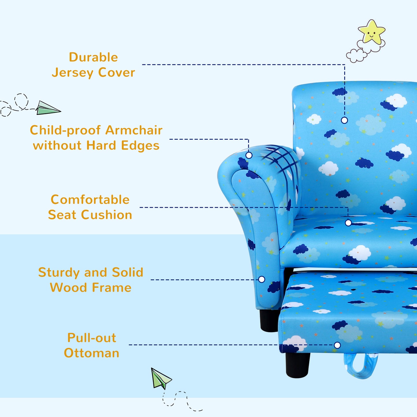 Toddler Chair Children's Armchairs Wood Frame w/ Footrest Anti-Slip