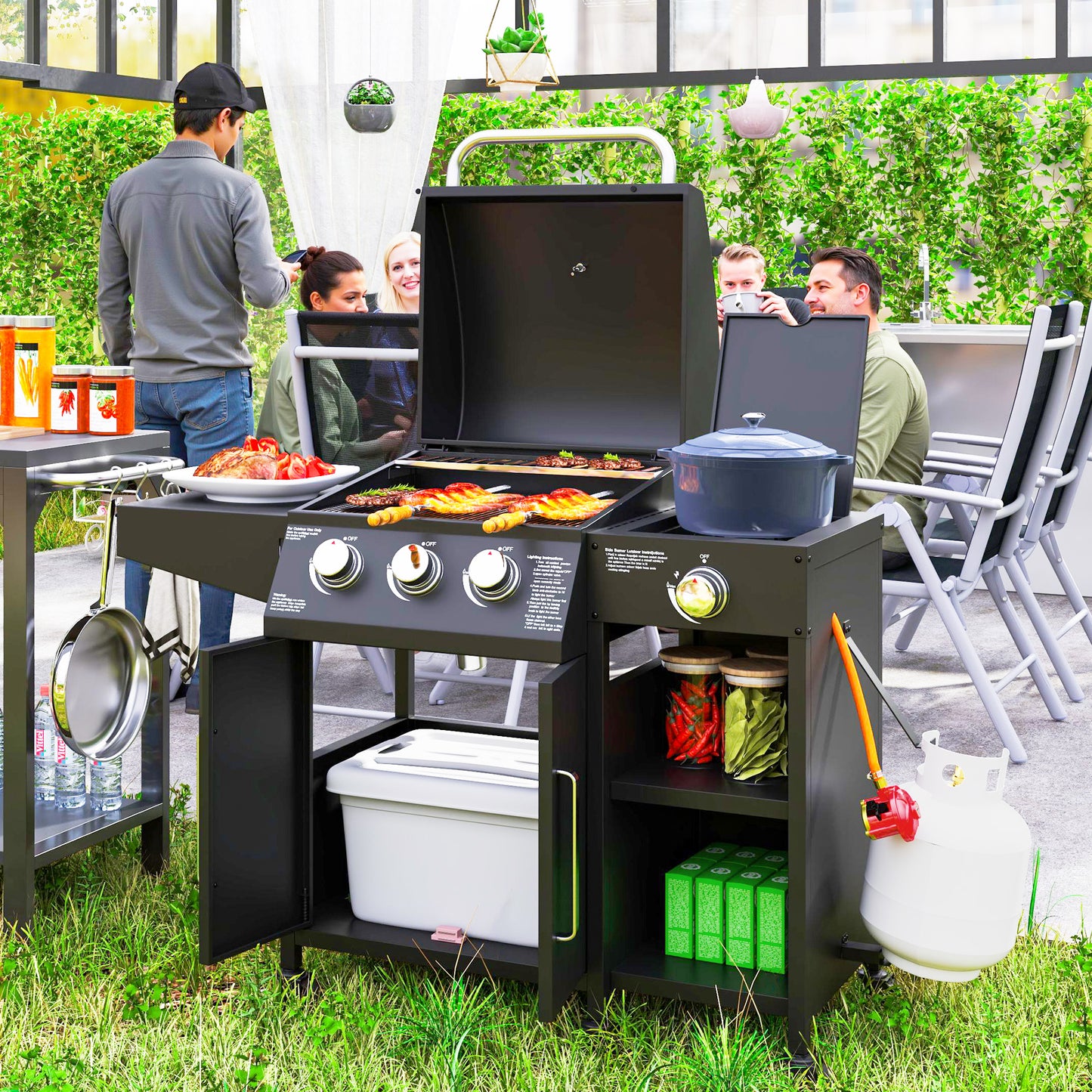 3+1 Burner Gas BBQ Grill with Storage Cabinet and Shelves