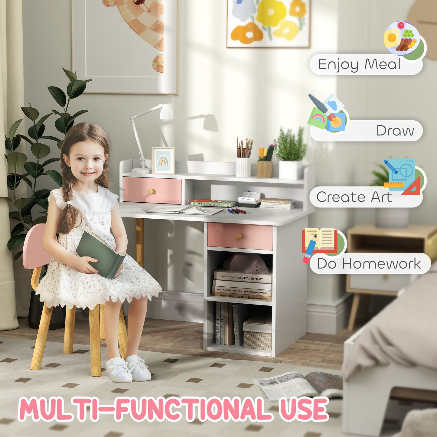 2 Pieces Children Study Table with Hutch