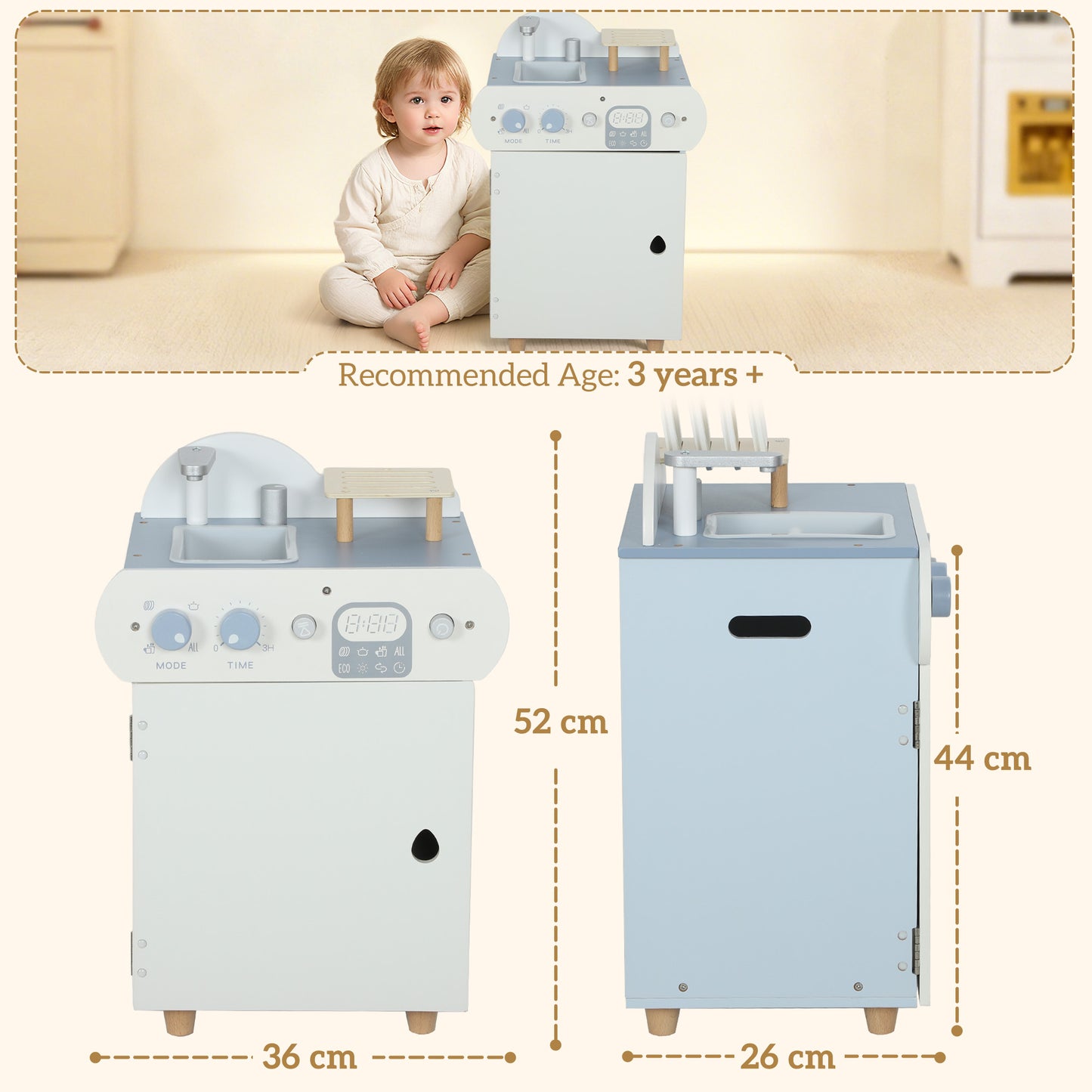Wooden Dishwasher Playset, Kitchen Sink Toys with Faucet