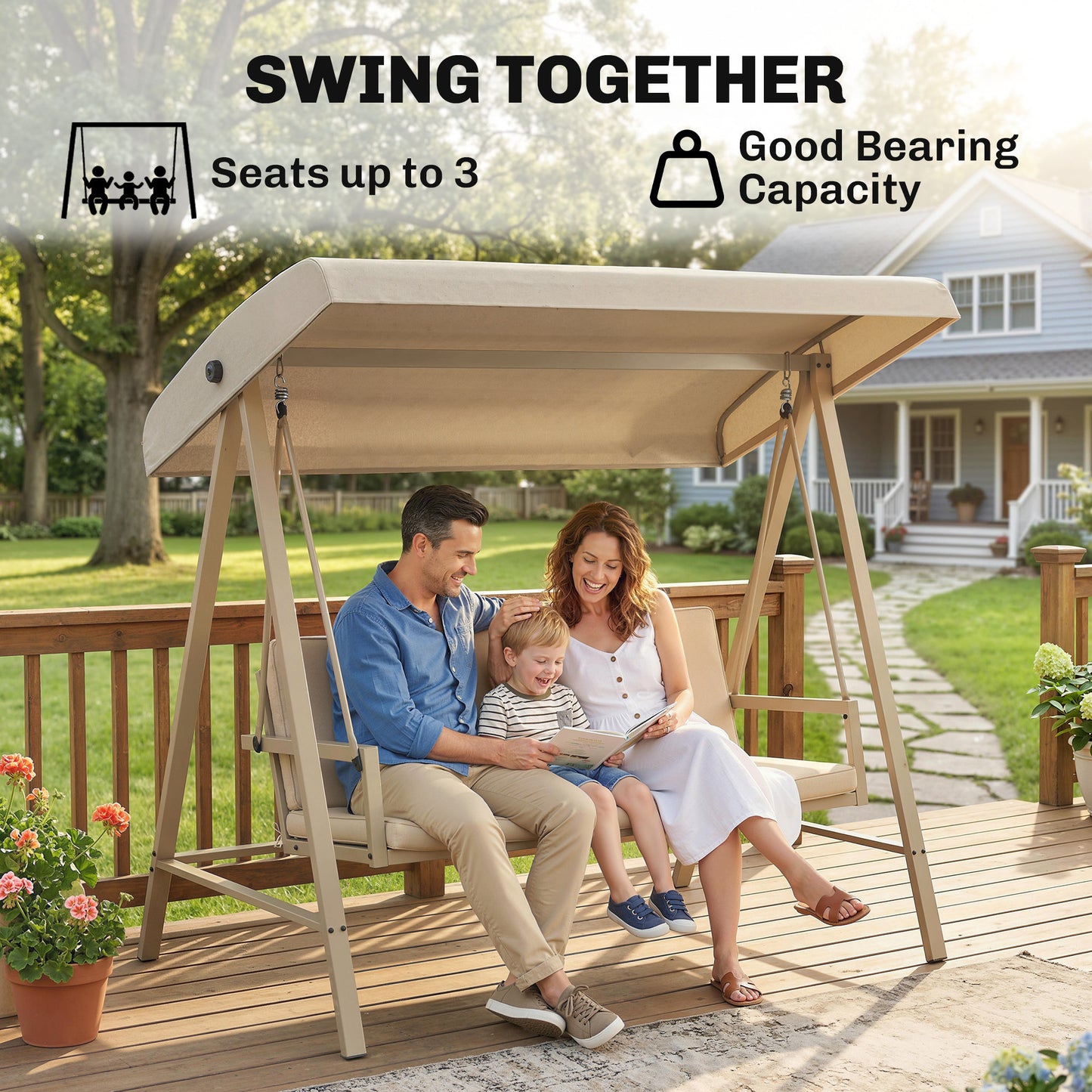 Three-Seat Garden Swing Chair, with Adjustable Canopy
